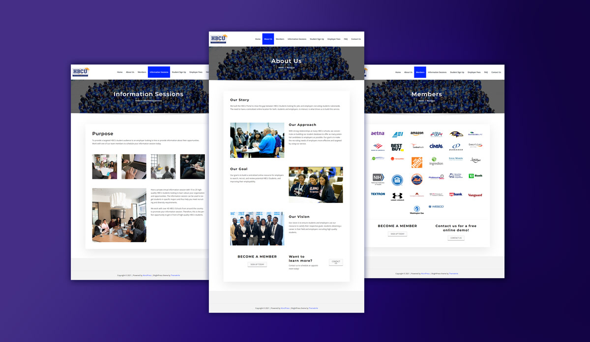 Three different webpages of the HBCU Portal website