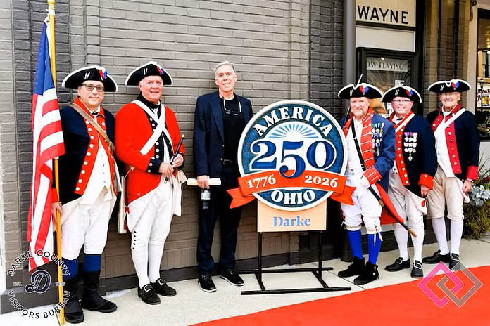 David Garrigus (center) and The Sons of the American Revolution at preview of The American Constitution. (Gaylen Blosser photo)