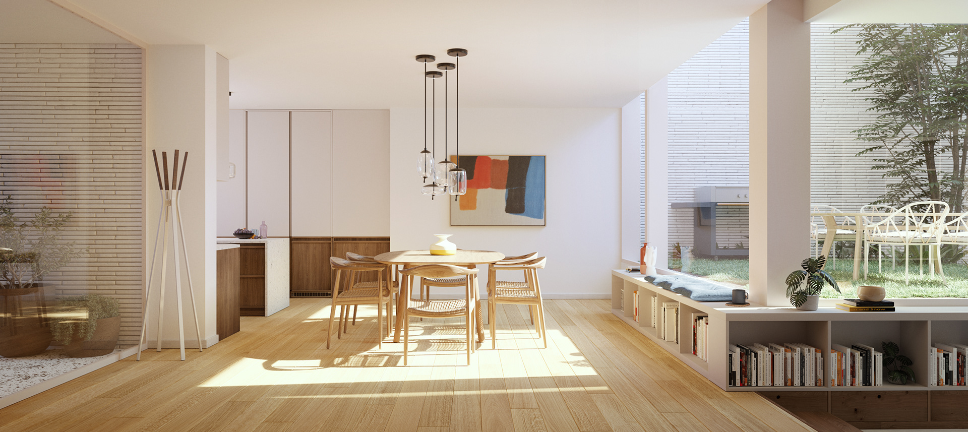 Render da sala de jantar das Casas-Mar da cooperativa de habitação das Pedras, da MOME