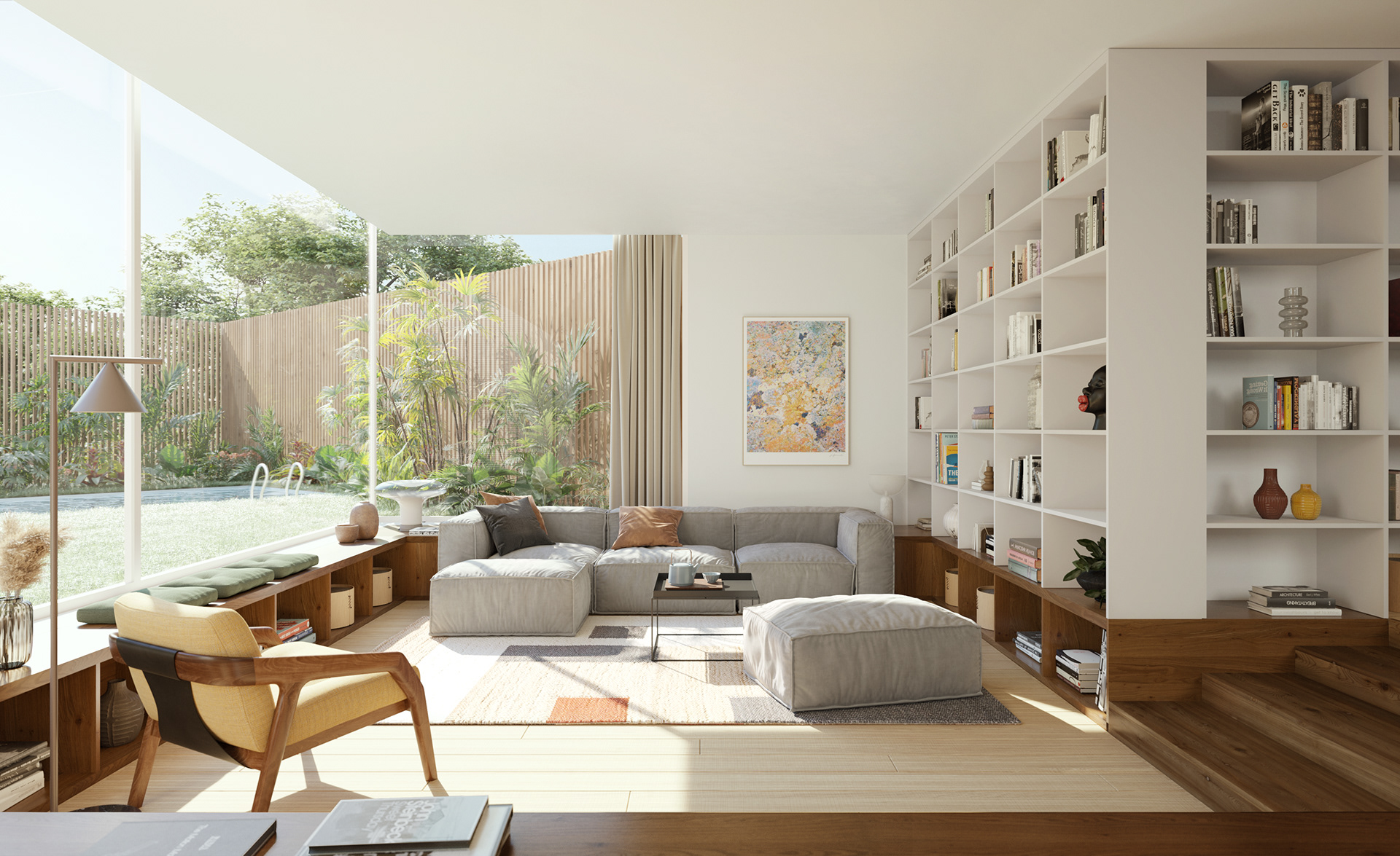 Render da sala de estar das Casas_Mar da Cooperativa das Pedras by MOME