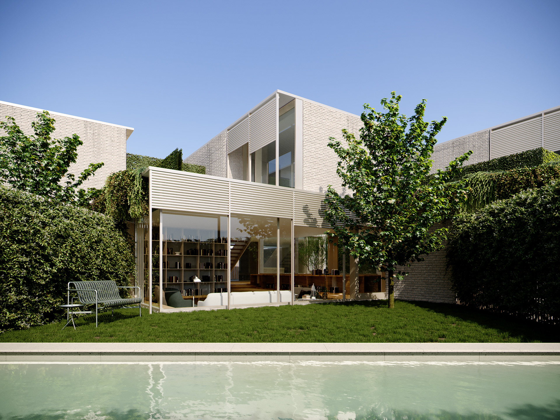 Render do jardim exterior de uma casa da cooperativa de habitação das Pedras, da MOME.