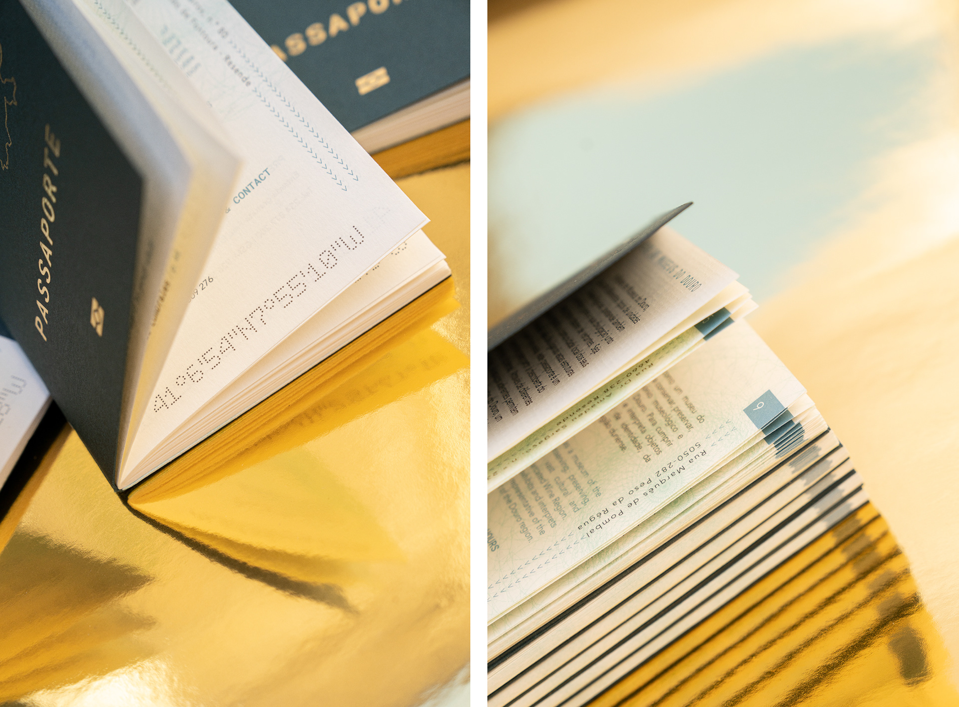 Dois pormenores do design gráfico do passaporte da Rede de Museus do Douro, mostrando as opções de Layout e escolhas tipográficas.