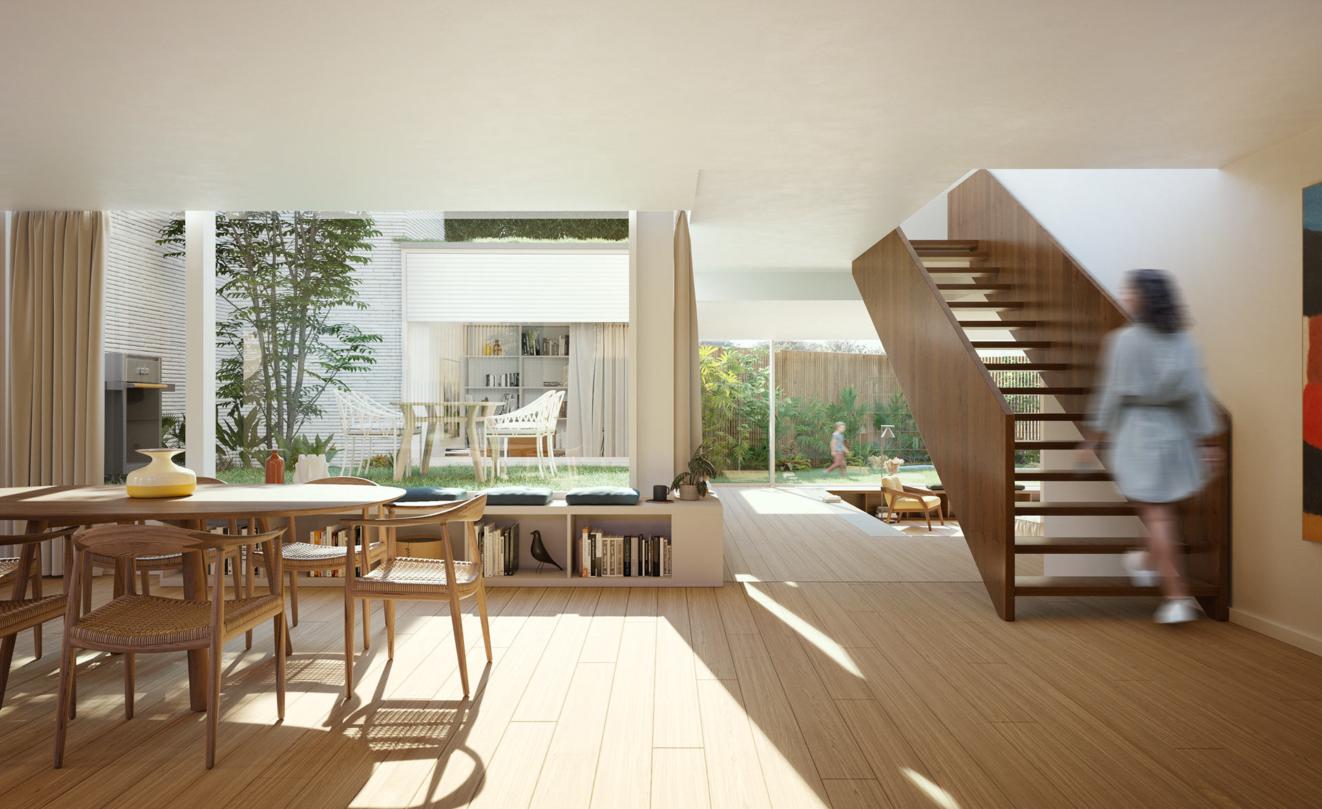 Render da sala de jantar das CASAS-MAR da cooperativa de habitação das Pedras, da MOME