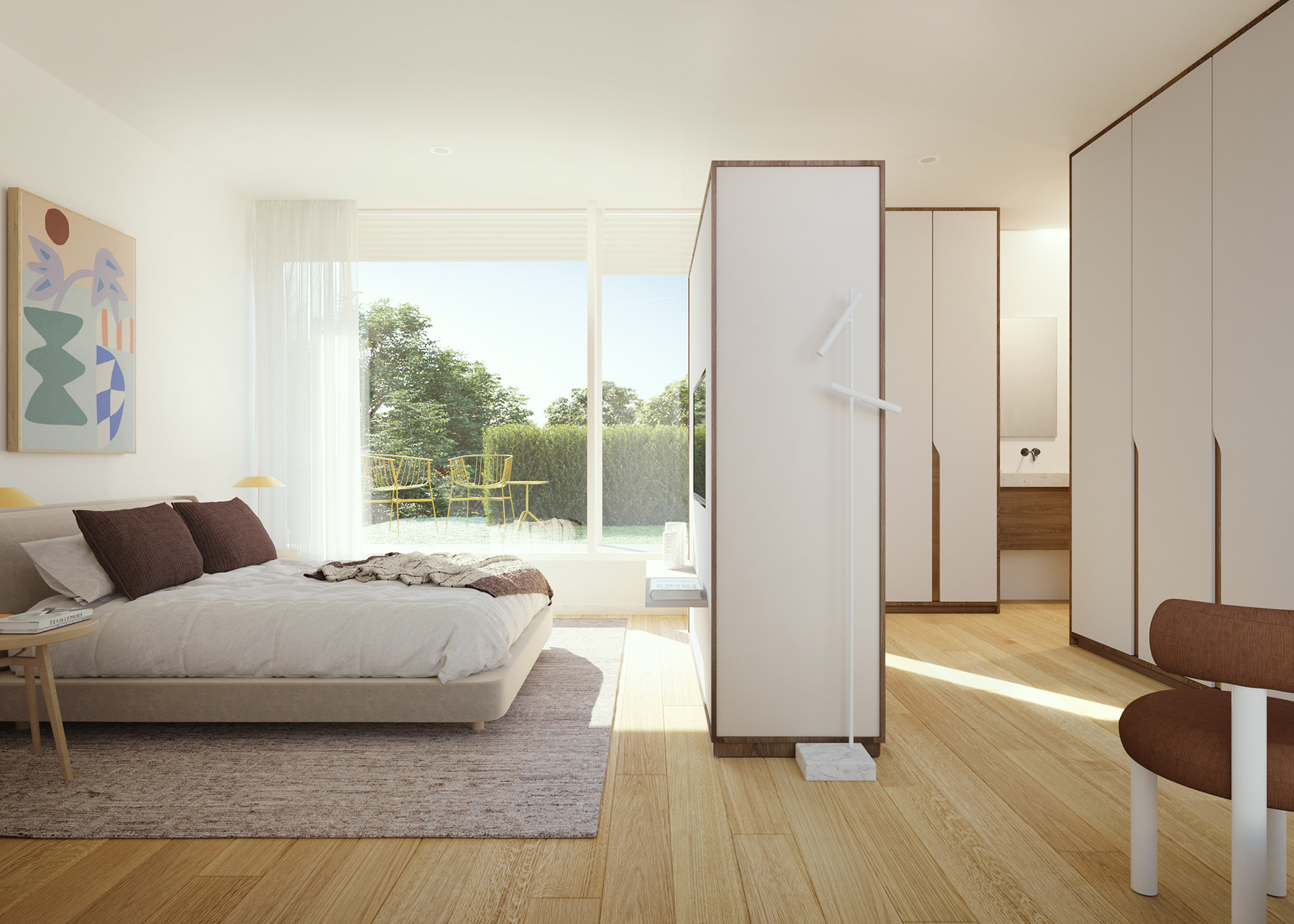Render do interior de uma suite de uma casa da cooperativa de habitação das Pedras, da MOME