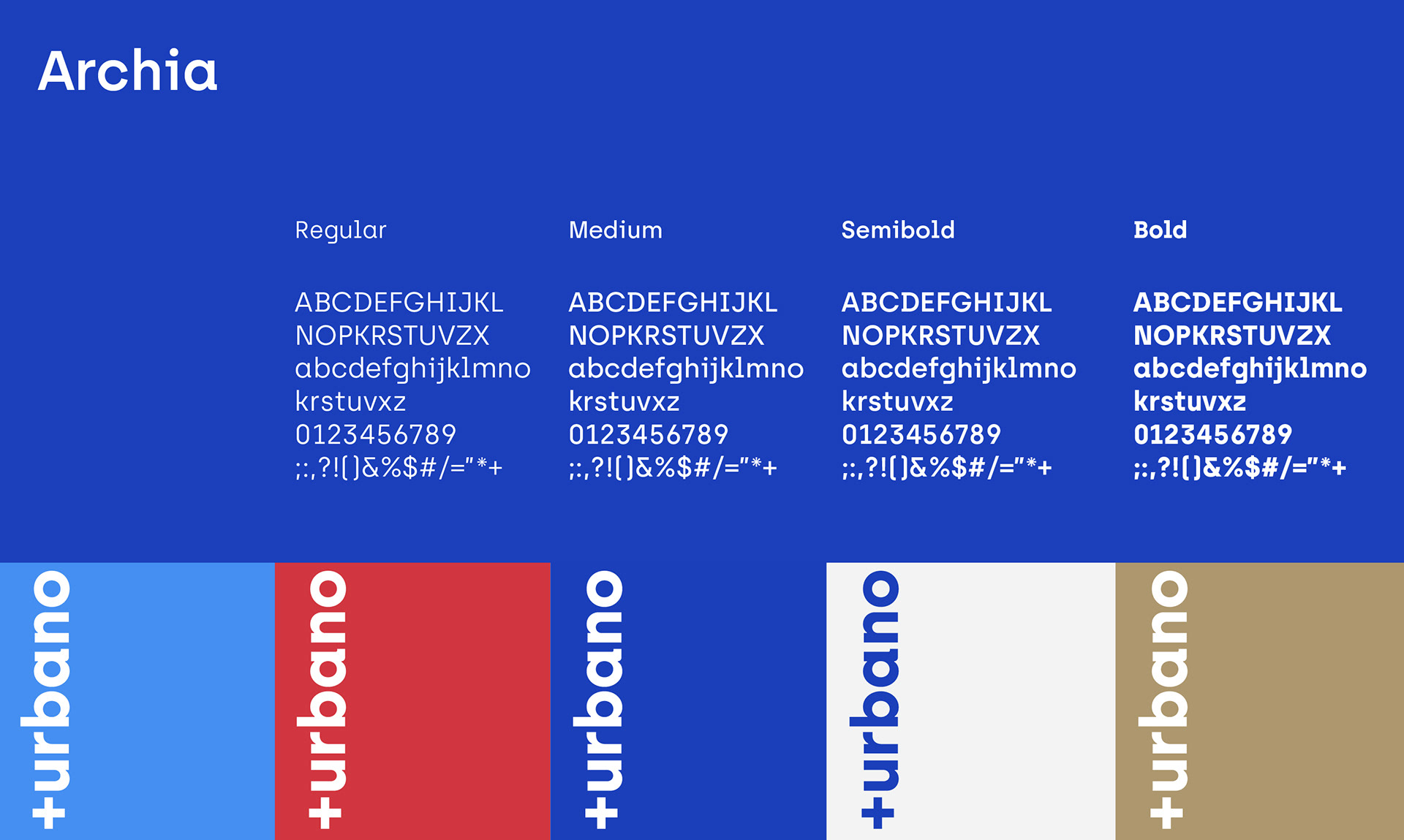 tipografia Archia e diferentes versões do logótipo mais urbano, com a respetiva paleta de cores, enre o azul ceu, vermelho, azul marinho, branco e dourado