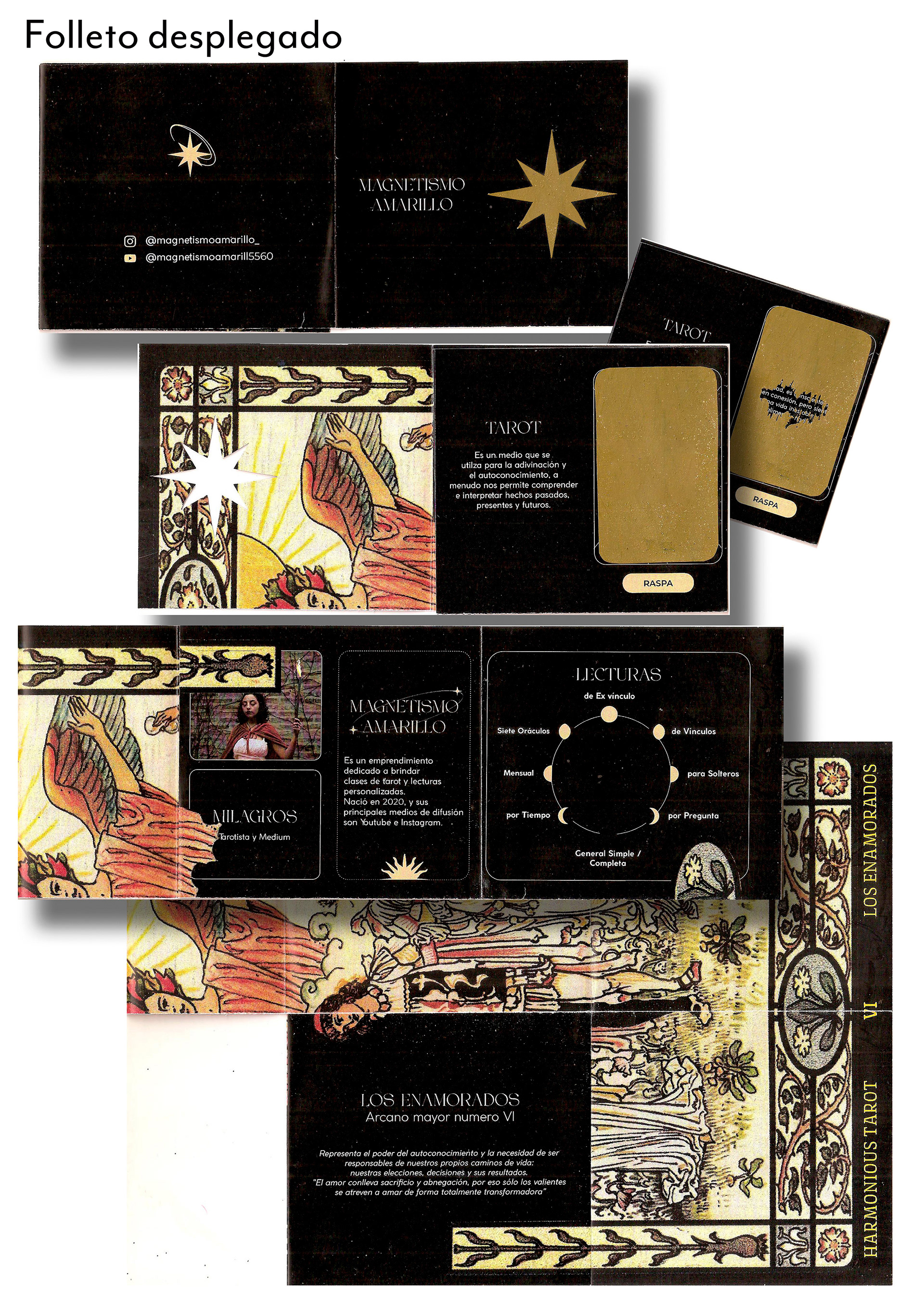 1 Portada con calado. 2 Descripción del tarot y raspadita. 3 Inf. del emprendimiento. 4 Descripción de la carta.