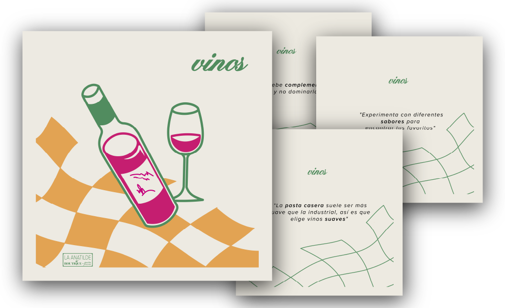 Ilustración mas frases sobre vino y pastas. Acompañado de una descripción con sugerencias de maridaje para las pastas.