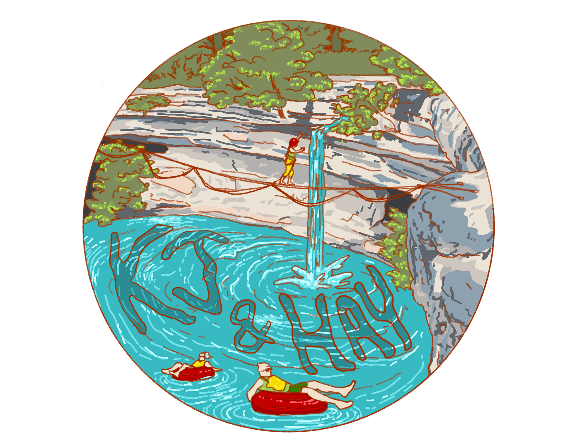 Circular image depicting a waterfall and pool with two people sitting in floating inner tubes. There is a person standing on a highline above them.