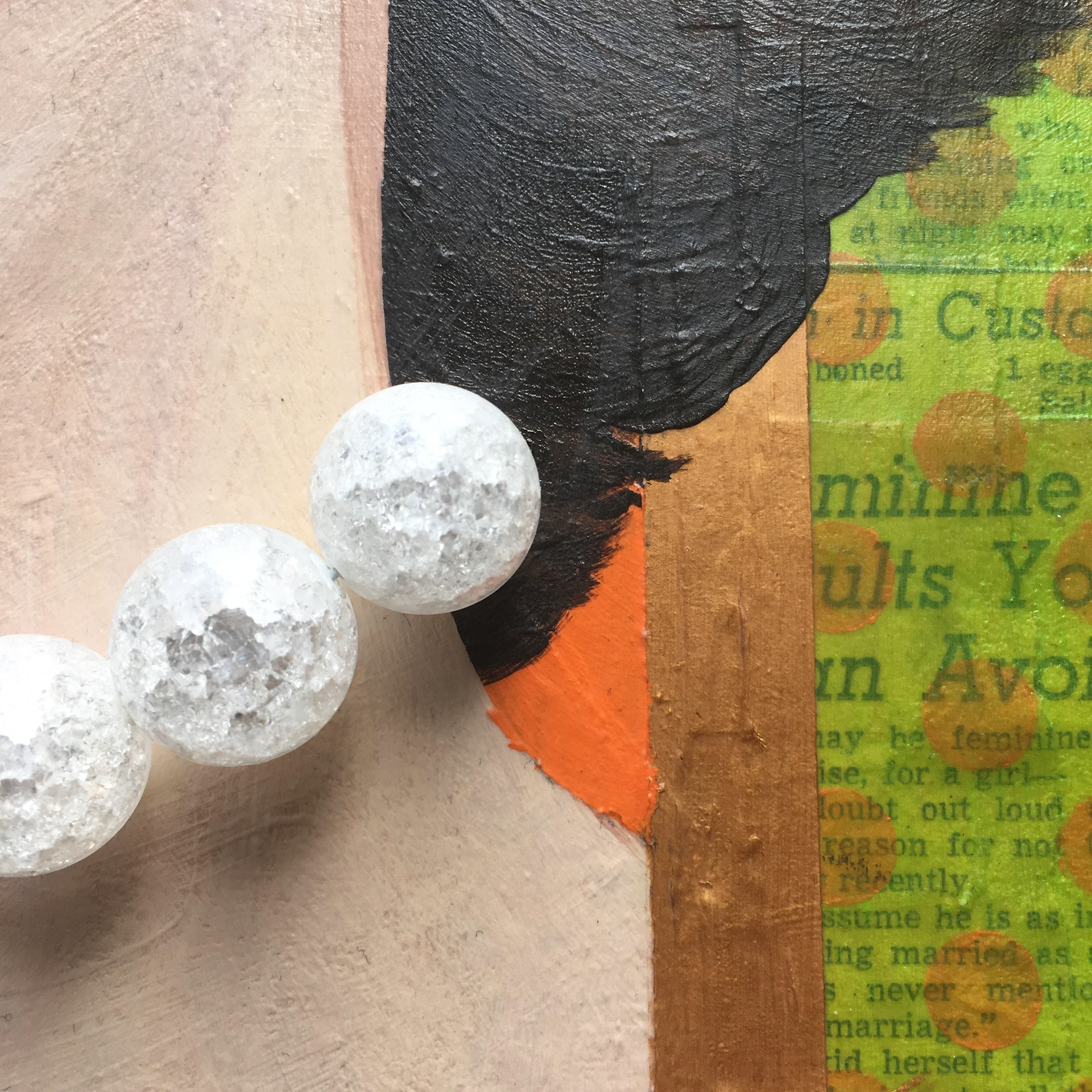 Madge (Sitting Pretty), detail, acrylic, newspaper clippings and vintage jewelry on wood panel, 20"x20" ©Ginger Sedlarova 2019