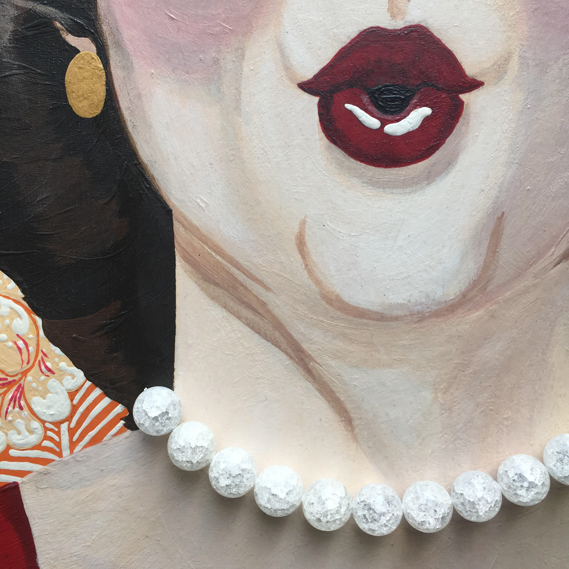 Madge (Sitting Pretty), detail, acrylic, newspaper clippings and vintage jewelry on wood panel, 20"x20" ©Ginger Sedlarova 2019