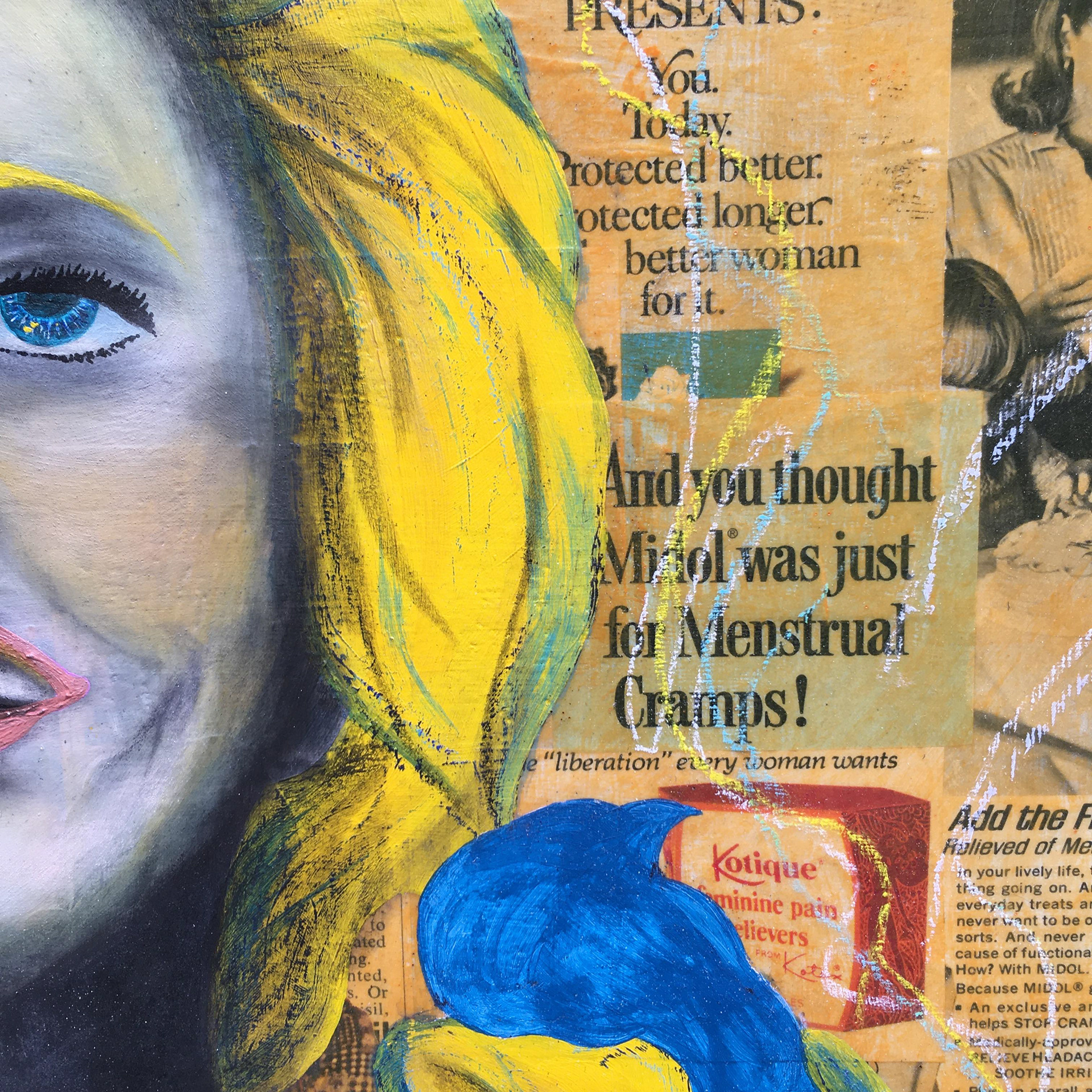Julie (The Sky's The Limit), detail, acrylic, pastel and vintage magazine advertisements on panel, framed, 24"x30"