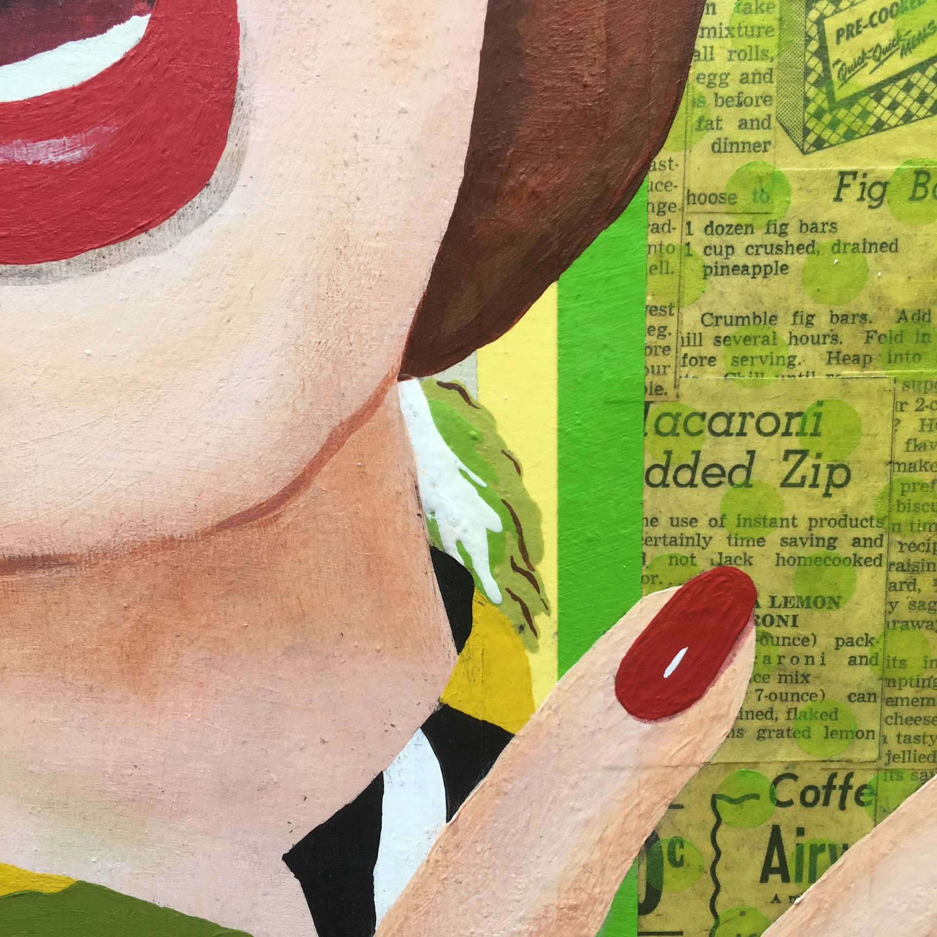 Annette (Don't Worry, Baby), acrylic, newspaper clippings and vintage jewelry on wood panel, 20"x20" ©Ginger Sedlarova 2019