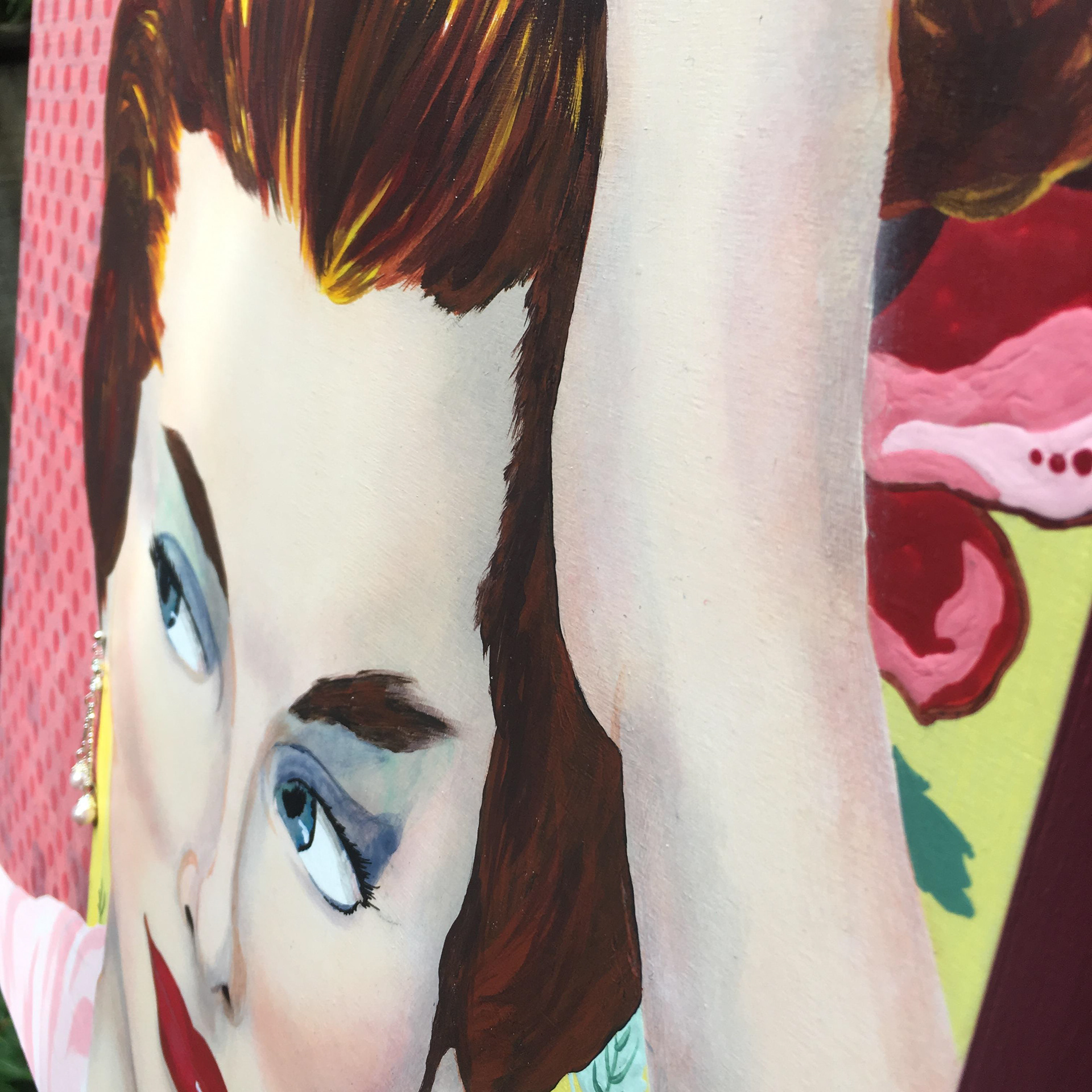Vivienne (She Has it All), acrylic, newspaper clippings and vintage jewelry on wood panel, 20"x20" ©Ginger Sedlarova 2019
