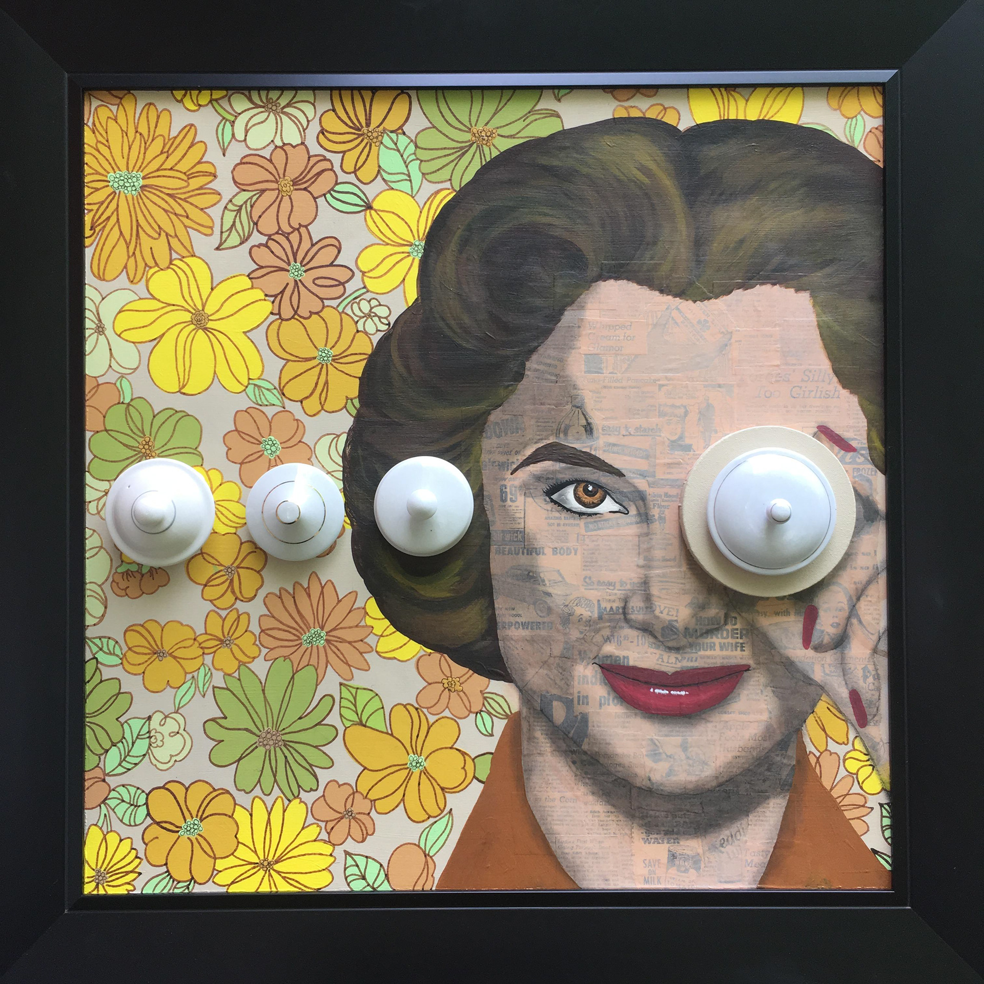 Barb (It's A Man's World), acrylic, graphite, newspaper clippings and vintage teapot lids on panel, framed, 24"x24" ©Ginger Sedlarova 2019