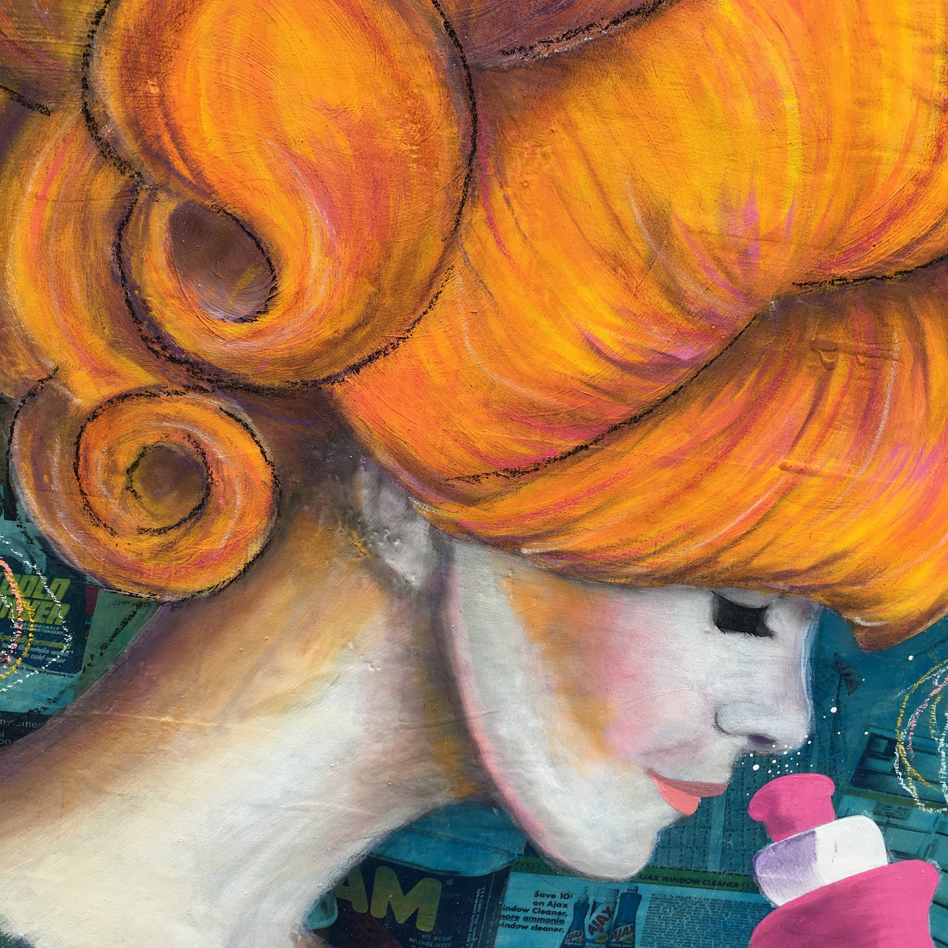 Dawn (Homemaker Supreme), detail, acrylic, pastel and vintage magazine advertisements on panel, framed, 24"x30"