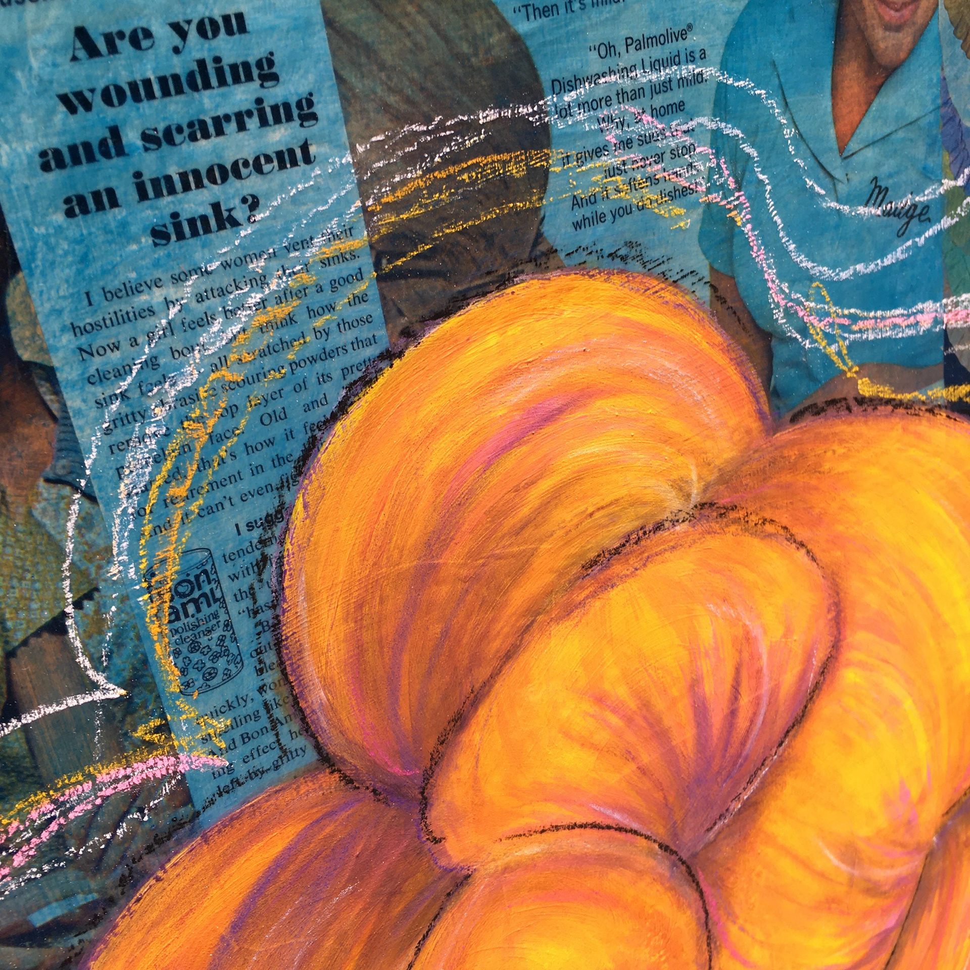 Dawn (Homemaker Supreme), detail, acrylic, pastel and vintage magazine advertisements on panel, framed, 24"x30"