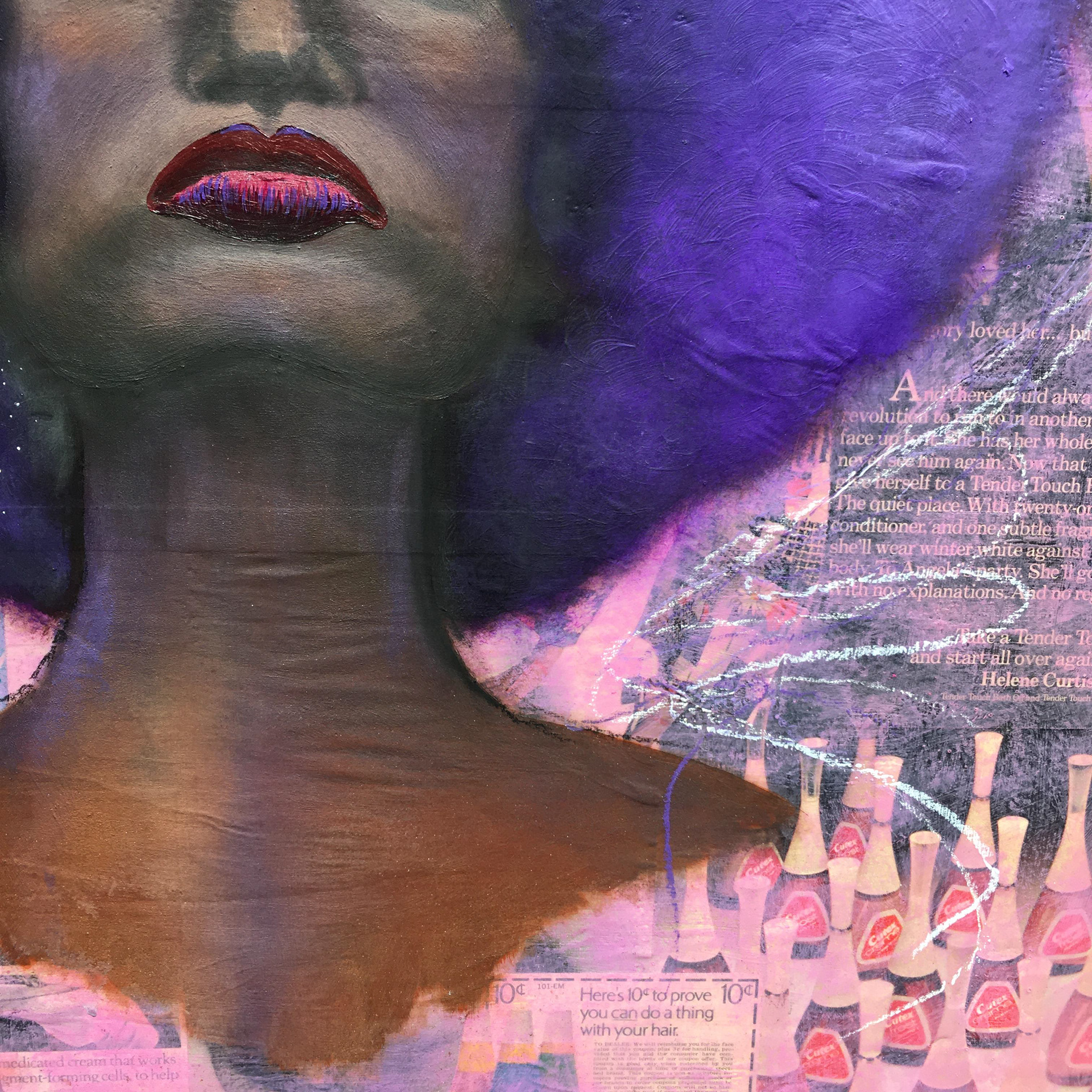 Tonya (Her Hair Held Up), detail, acrylic, pastel and vintage magazine advertisements on panel, framed, 24"x30"