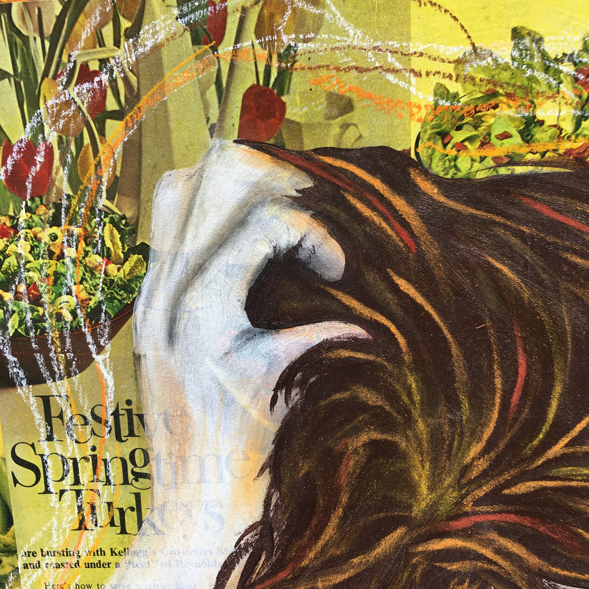 Rhonda (Give Peas A Chance), detail, acrylic, pastel and vintage magazine advertisements on panel, framed, 24"x30"