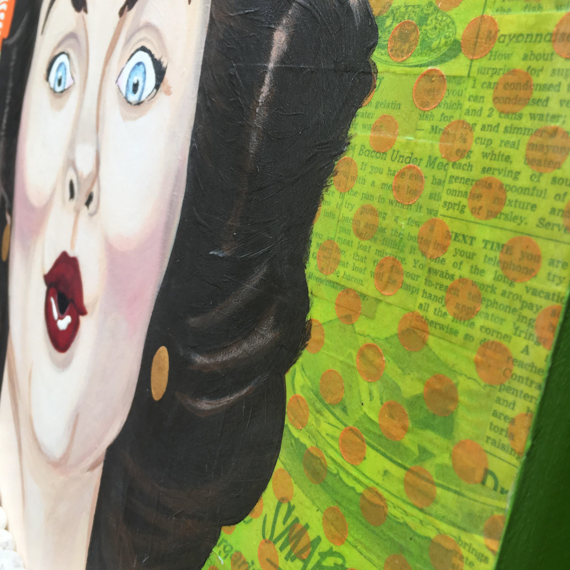 Madge (Sitting Pretty), detail, acrylic, newspaper clippings and vintage jewelry on wood panel, 20"x20" ©Ginger Sedlarova 2019