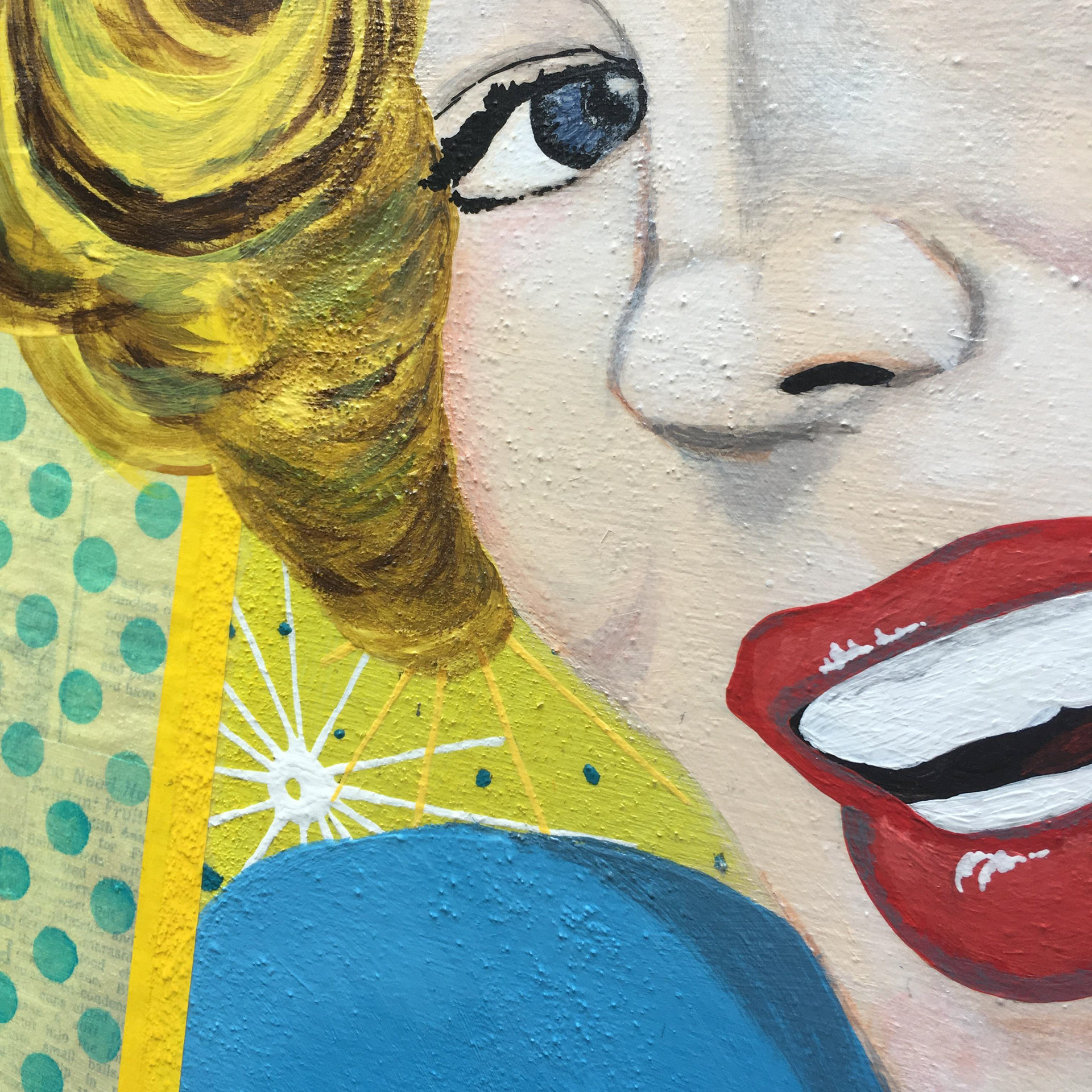 Dolores (Honey Pie), acrylic, newspaper clippings and vintage jewelry on wood panel, 20"x20" ©Ginger Sedlarova 2019