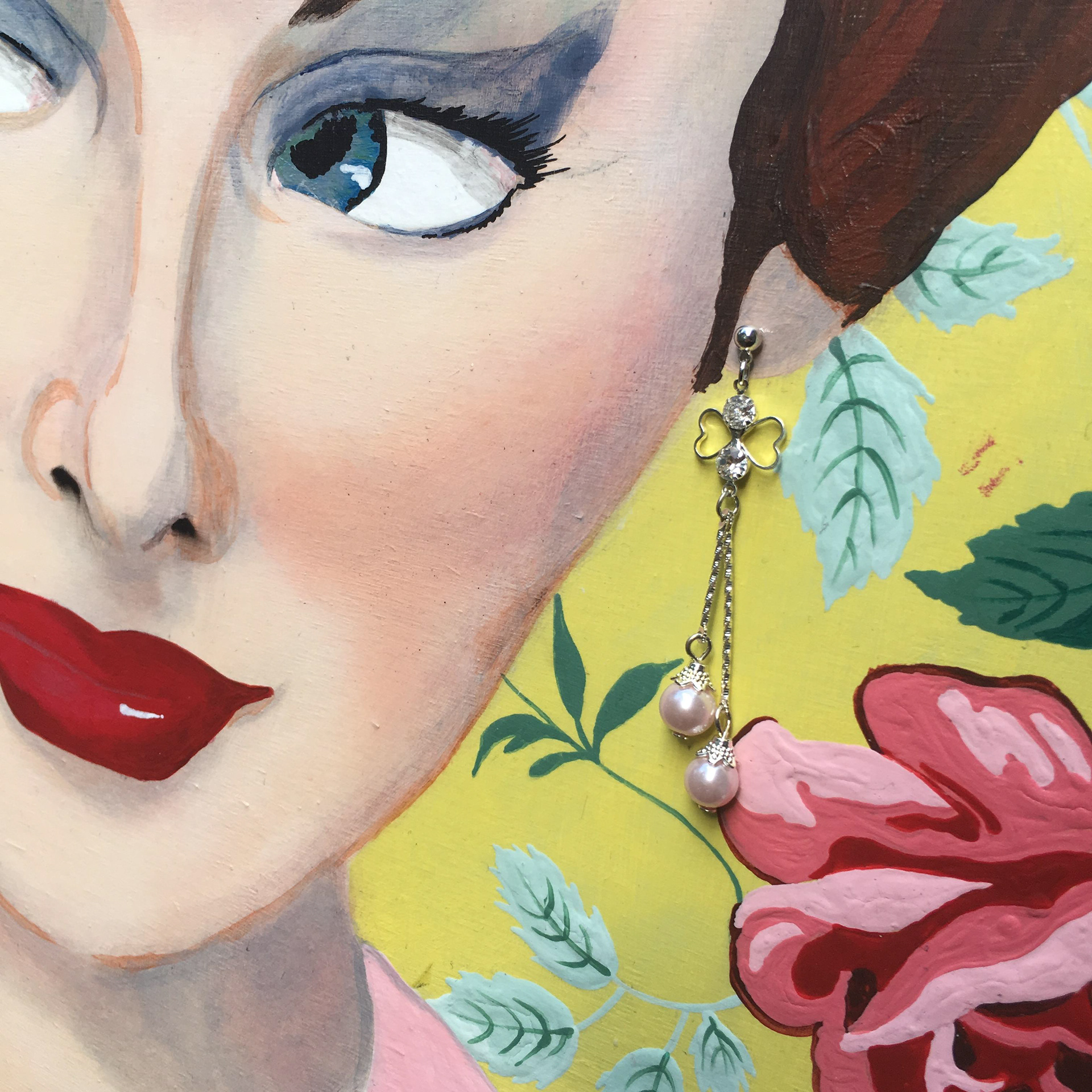 Vivienne (She Has it All), acrylic, newspaper clippings and vintage jewelry on wood panel, 20"x20" ©Ginger Sedlarova 2019