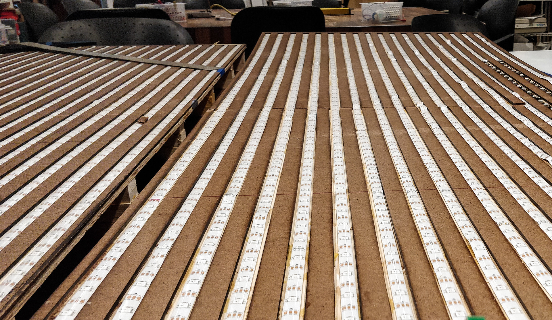 LED strips laid out in MDF channels.