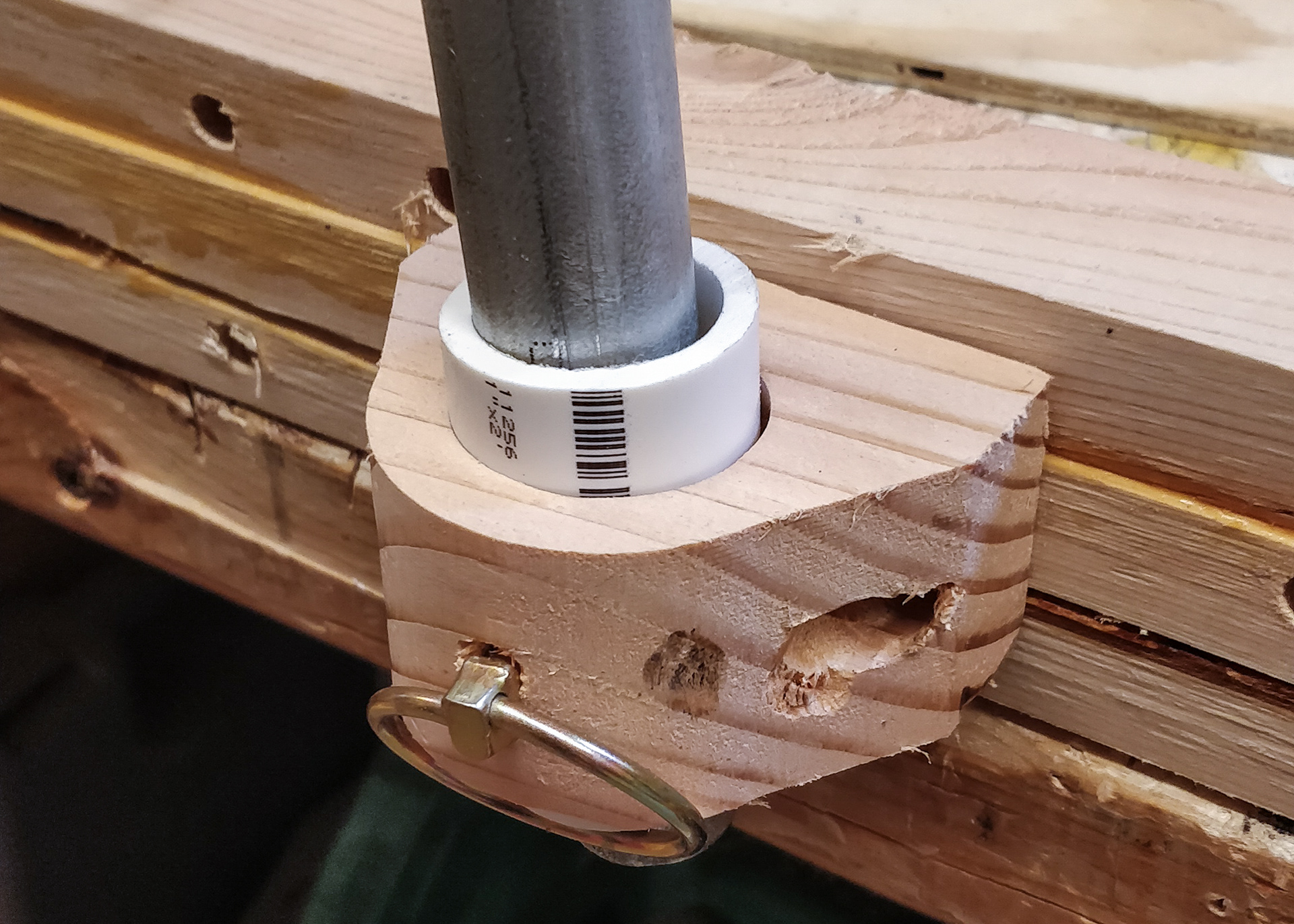 Wood-supported PVC with lynch pin.