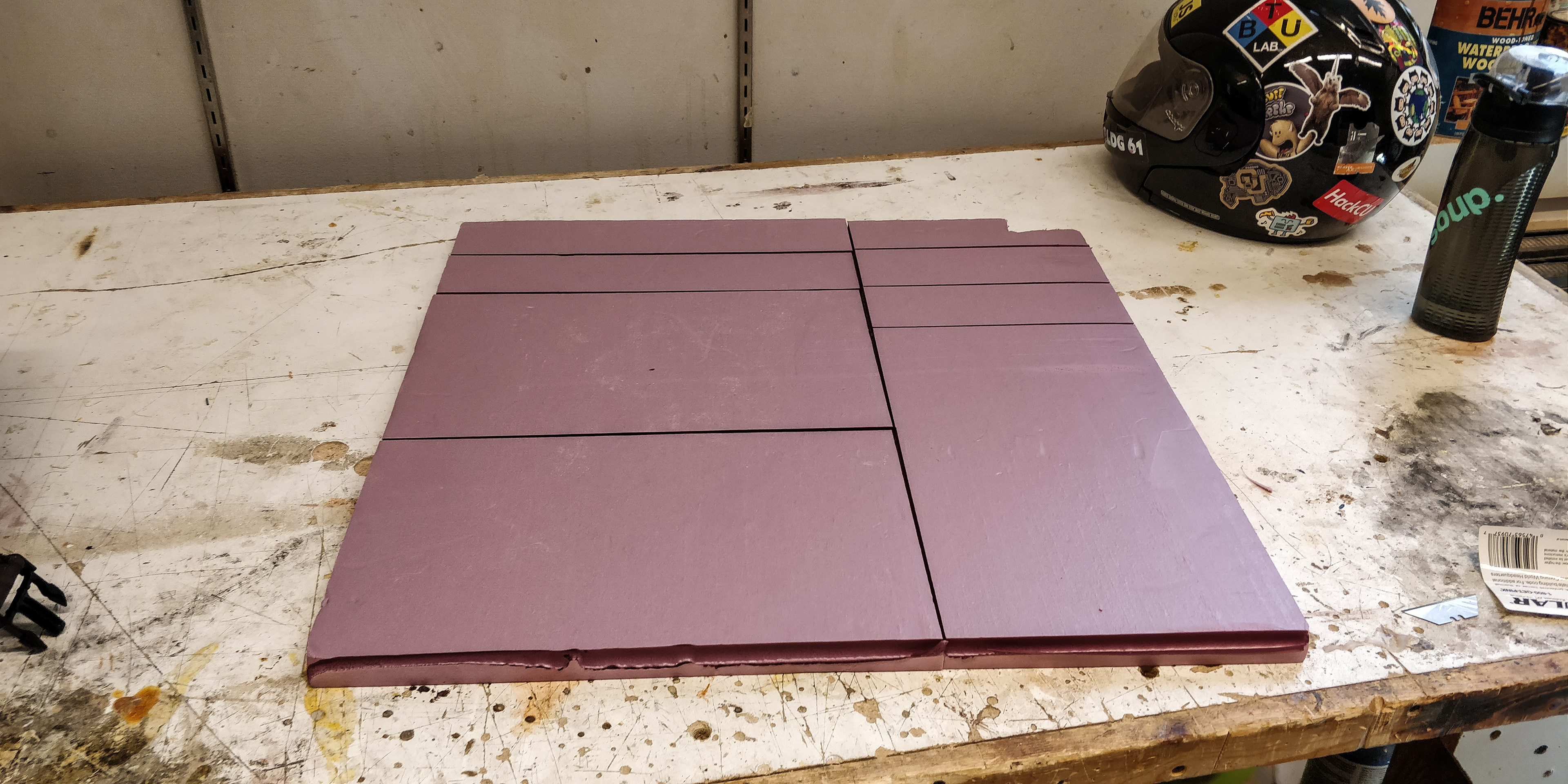 Stock foam block divided before being glued together.