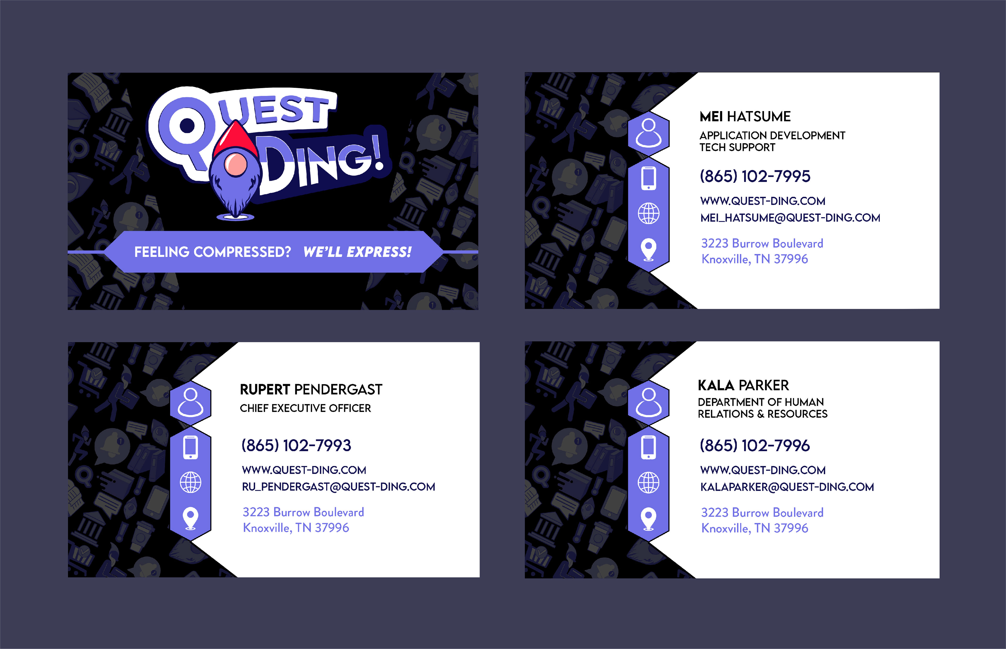 Business Cards. Back and Front Designs. 3 example coworker names/positions.