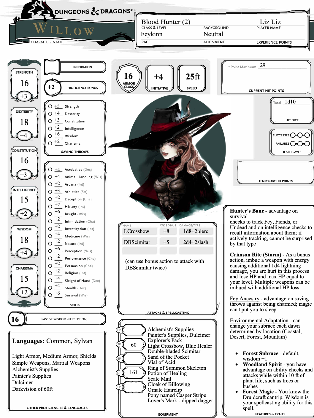 Willow (Level 2) Front Character Sheet