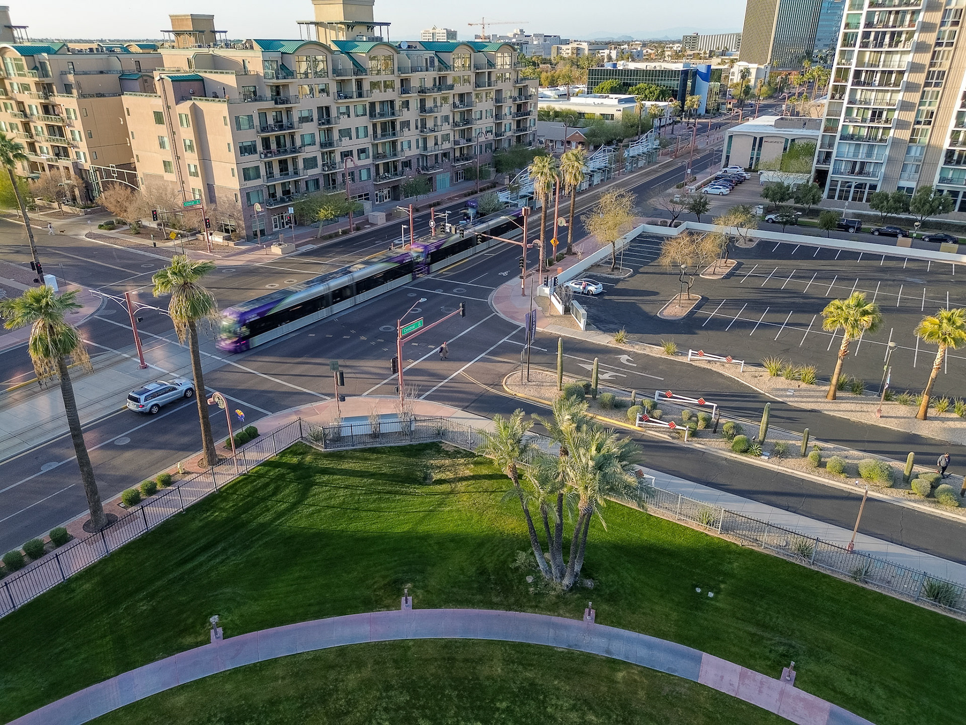 Downtown Phoenix Drone Shot of Lightrail