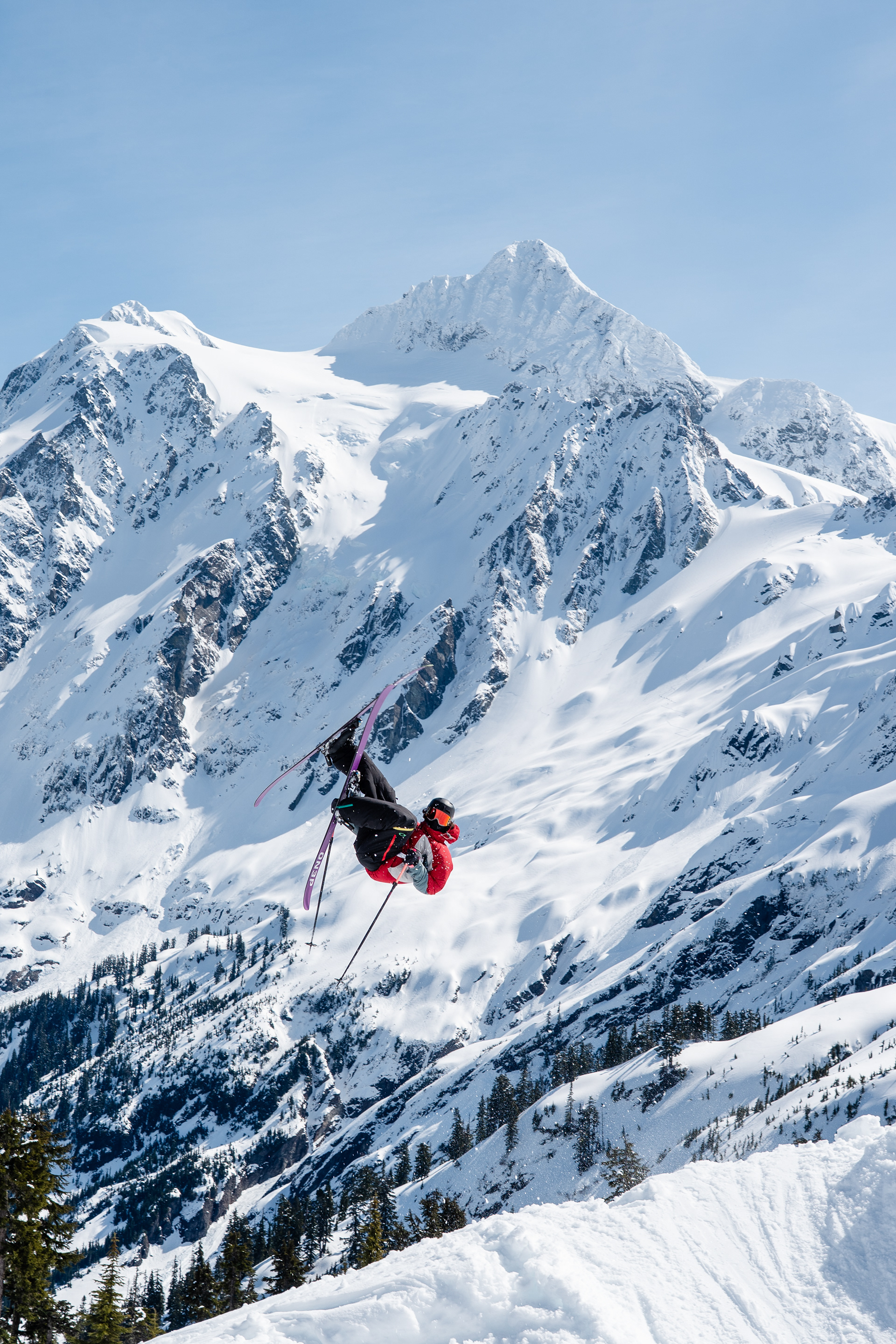 ON3P skier in front of Mt Shuksan, Mt Baker Ski Area