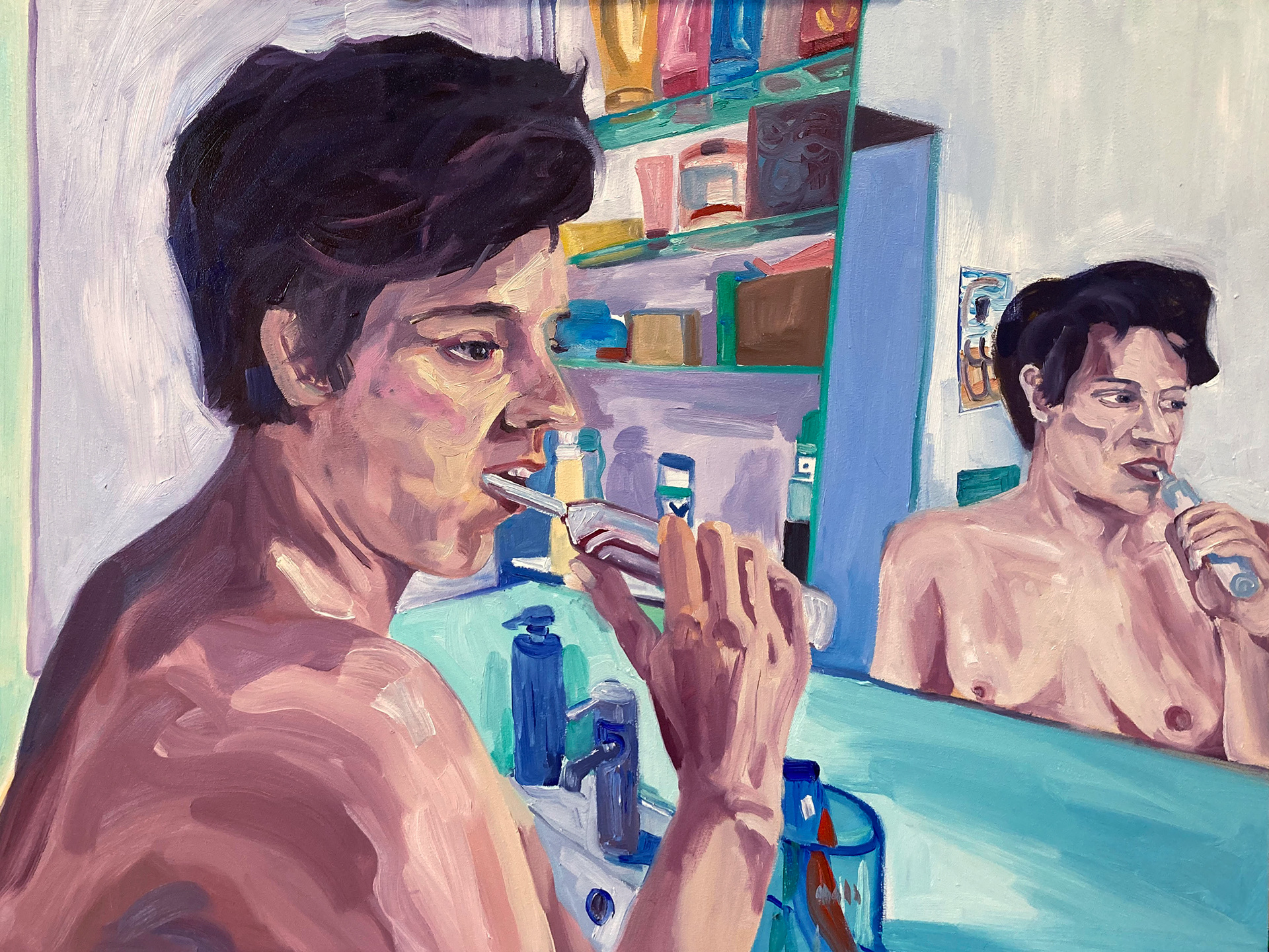 Bathroom Scene, oil on wood, 60 x 80 cm
