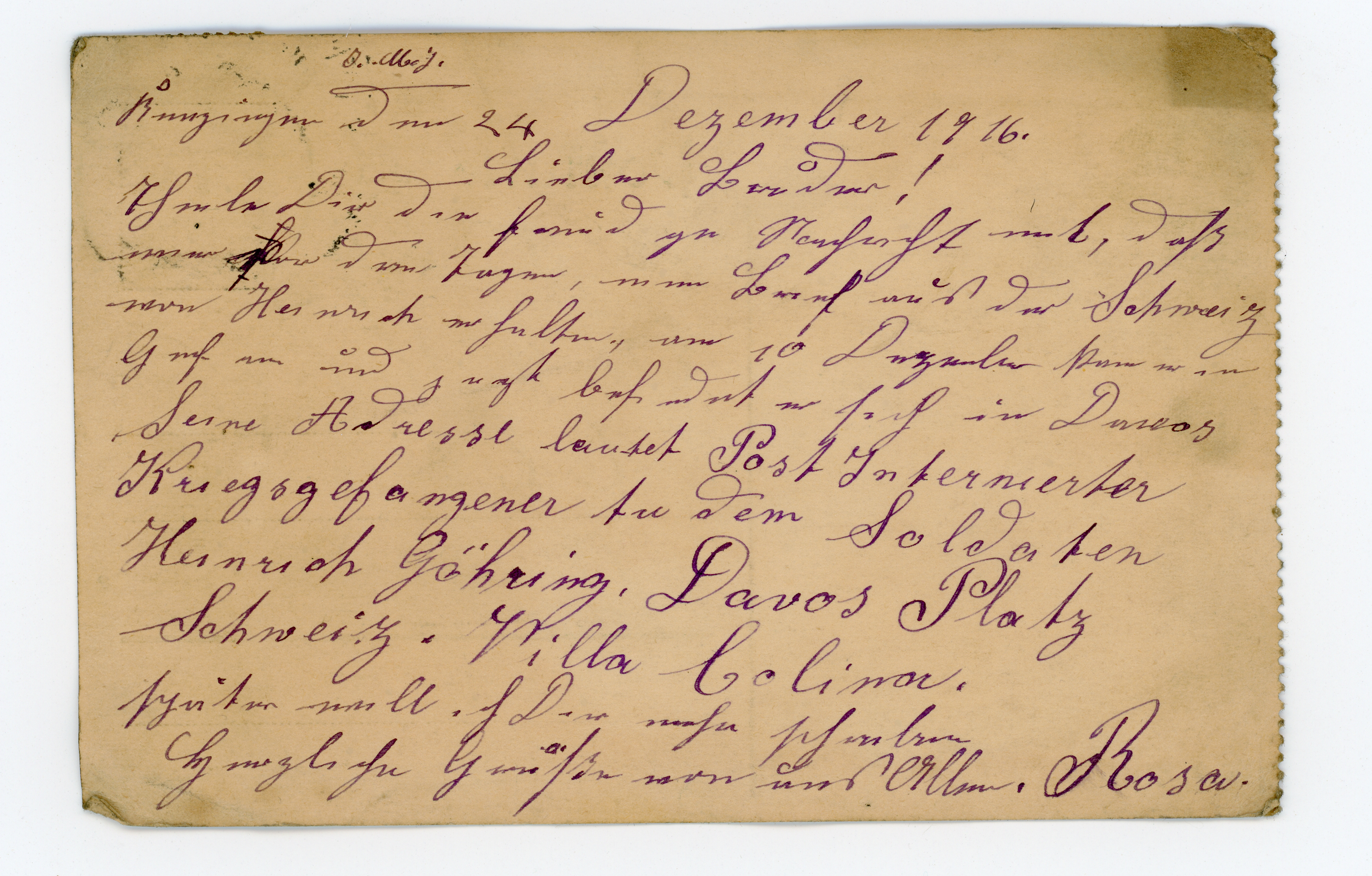 Rosa's letter indicating Heinrich's move to Davos