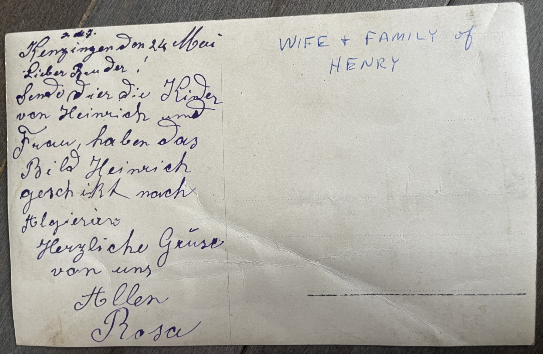 The back of the photo of Heinrich's wife and kids. 