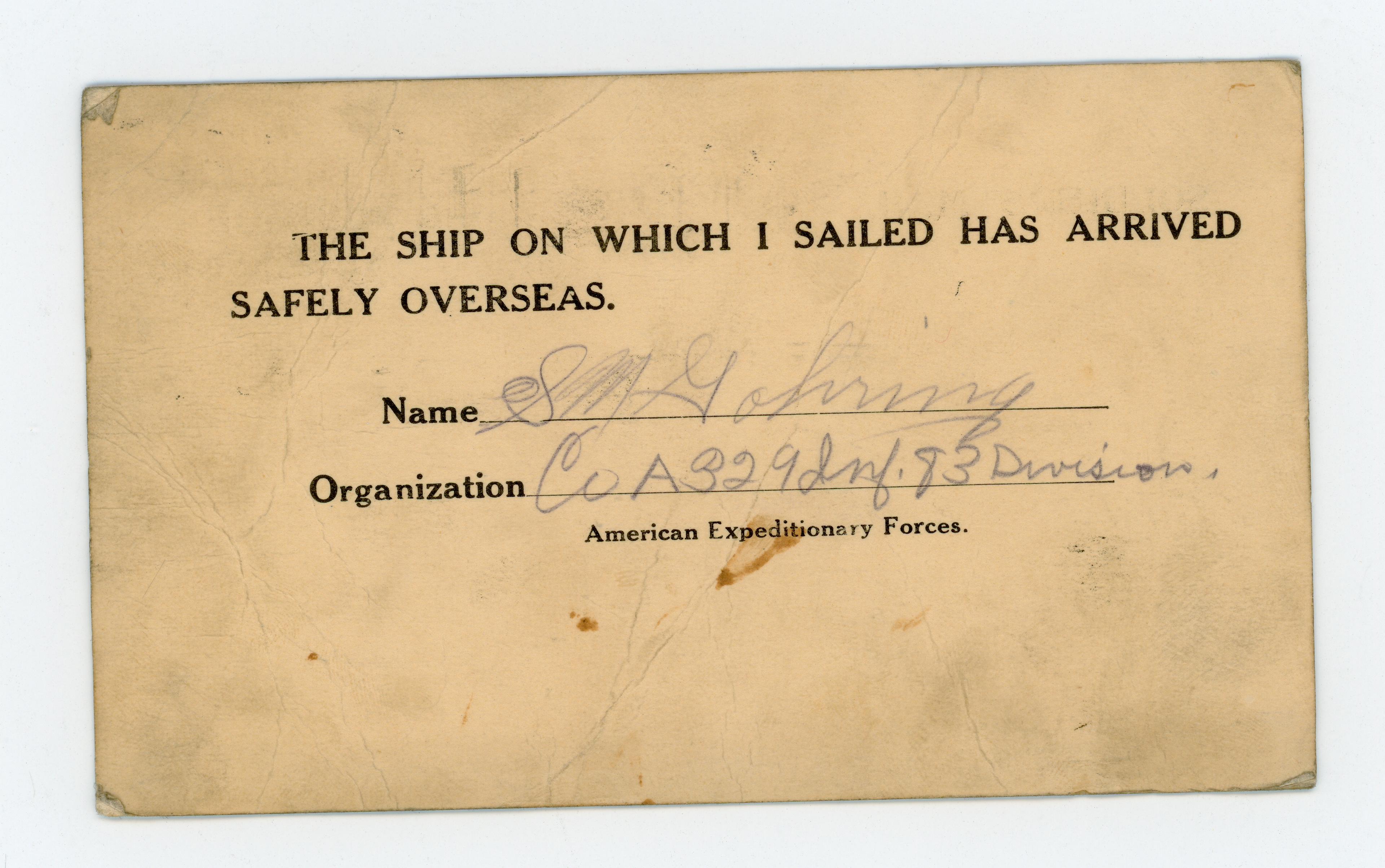 Generic postcard home, saying he landed