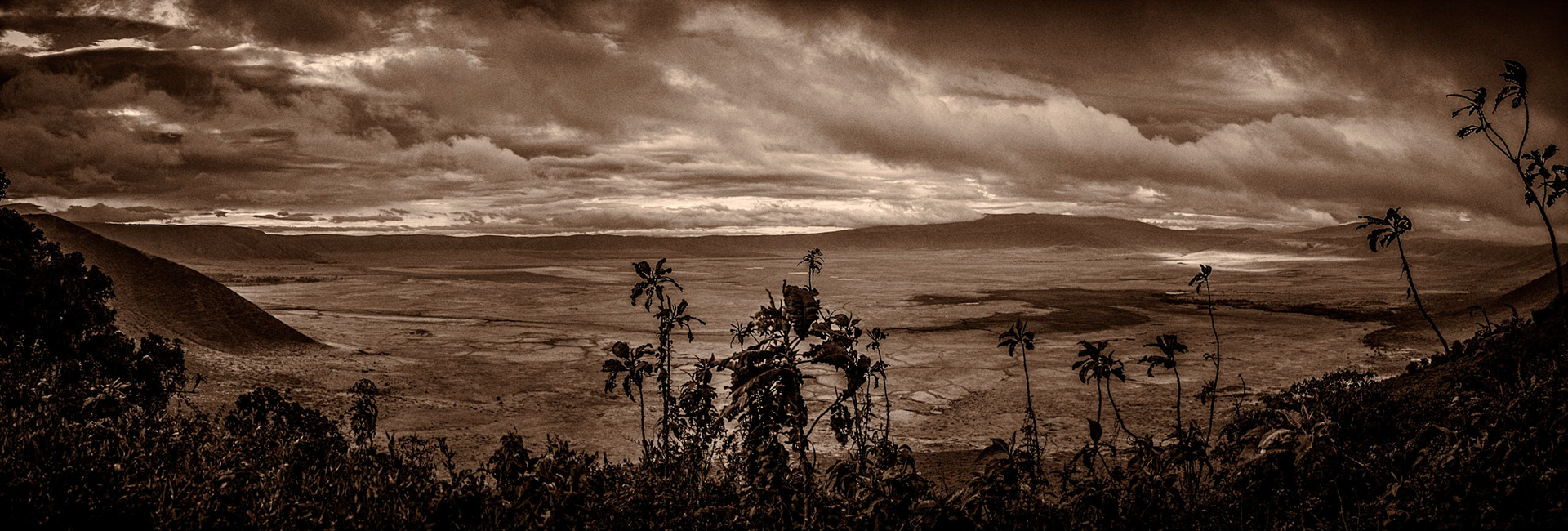This is a panoramic image of the Ngorongoro Crater from the rim on an overcast morning.