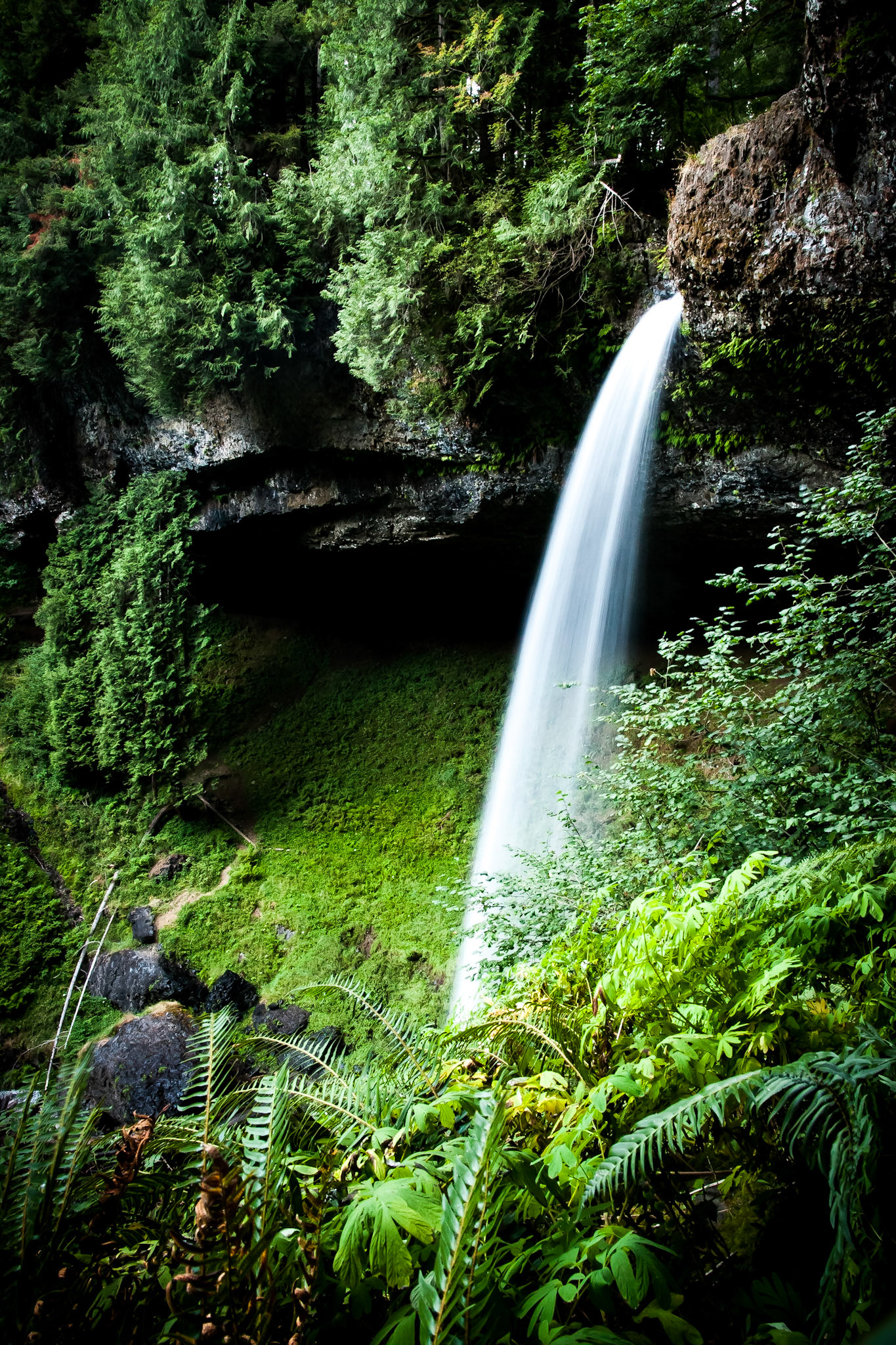 This is a side profile of the north silver falls in Oregon on the hiking trail down into the valley.