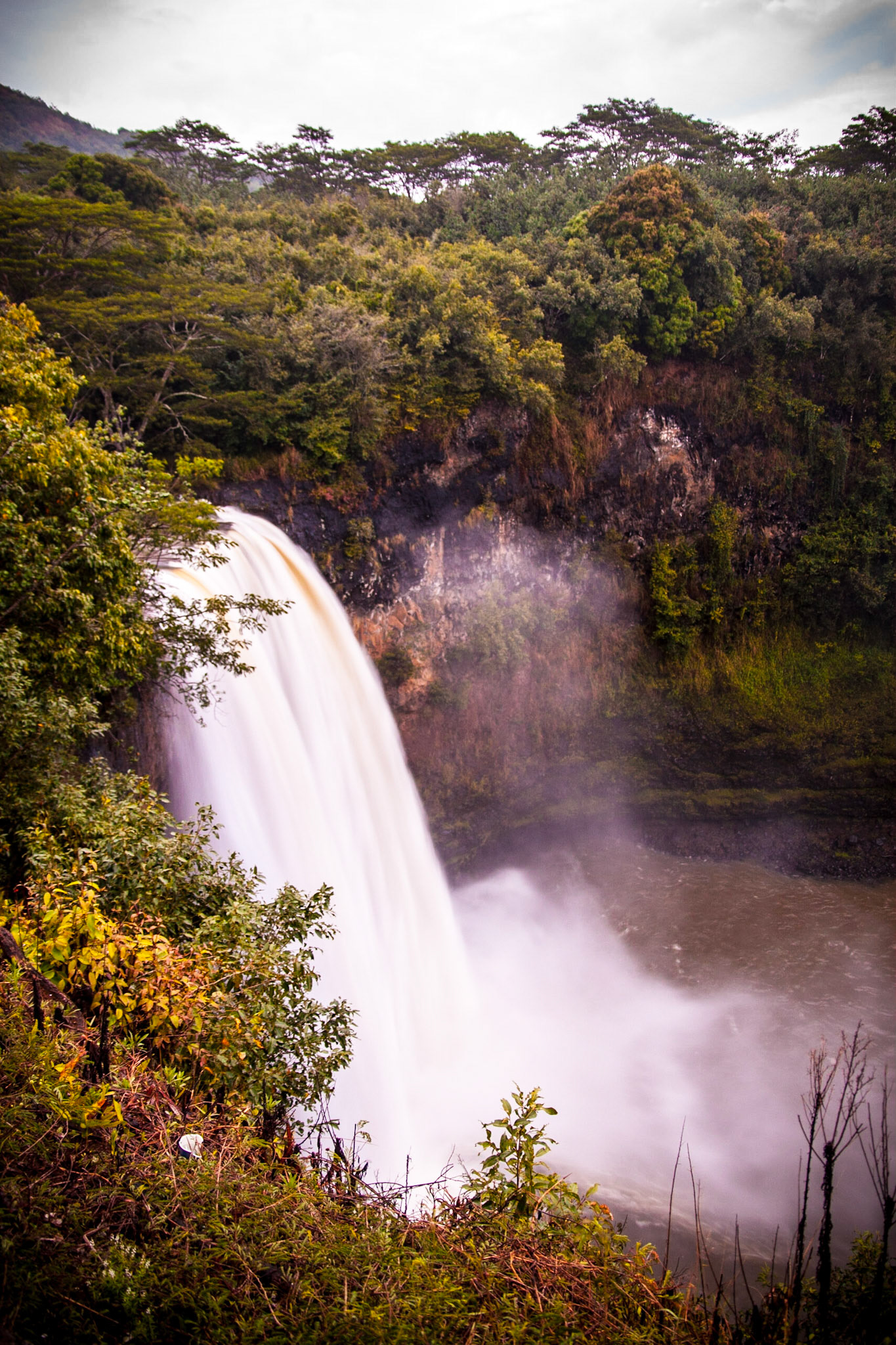 This Kauai waterfall is in full force after a very strong rain.  Usually this waterfall has 2 streams, but with so much water coming down the mountain it turned into one massive flow of water.