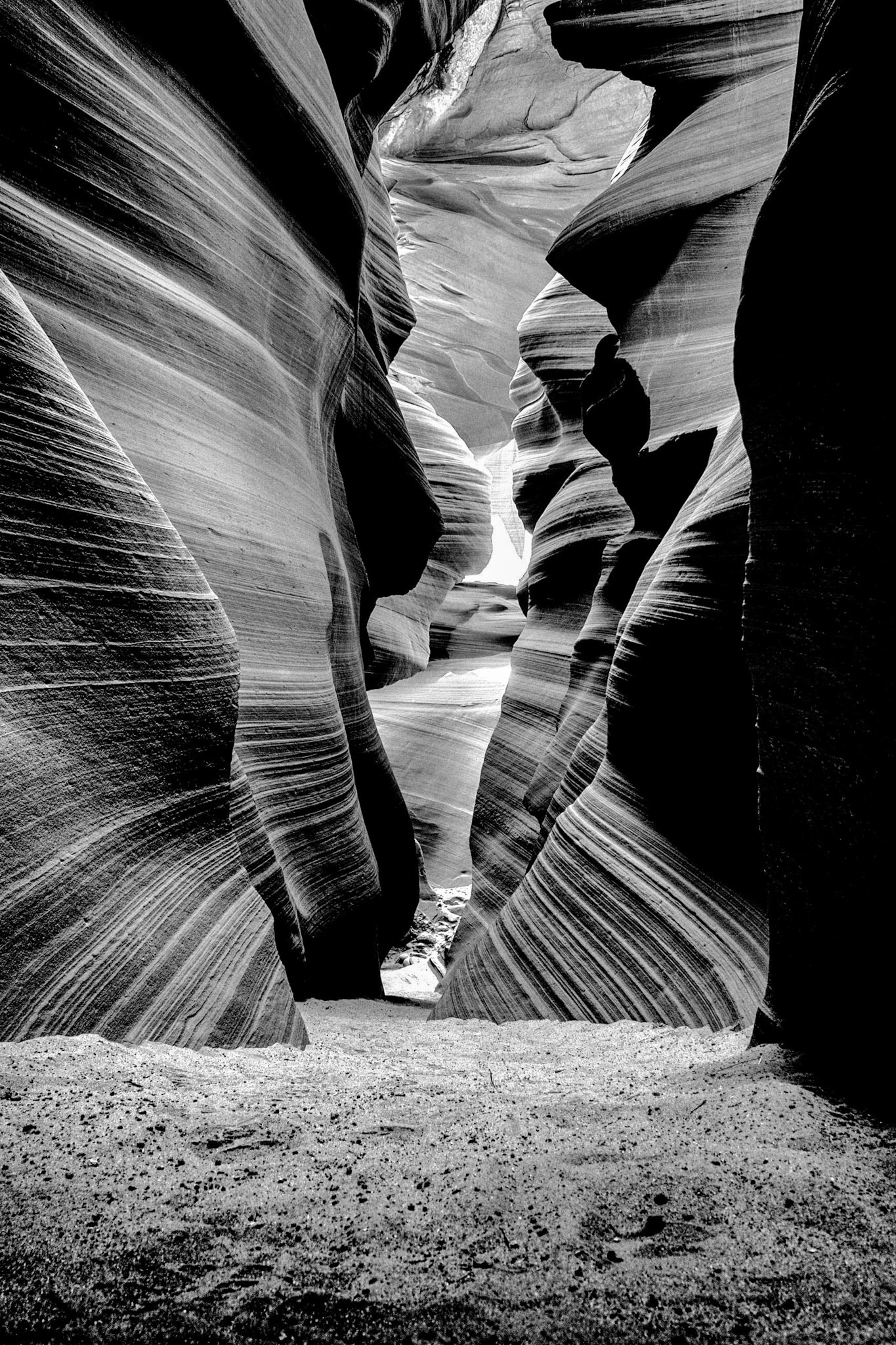 Processed in a high contrast black and white, this is one of the few straight sections of path in South Antelope Canyon, Arizona.