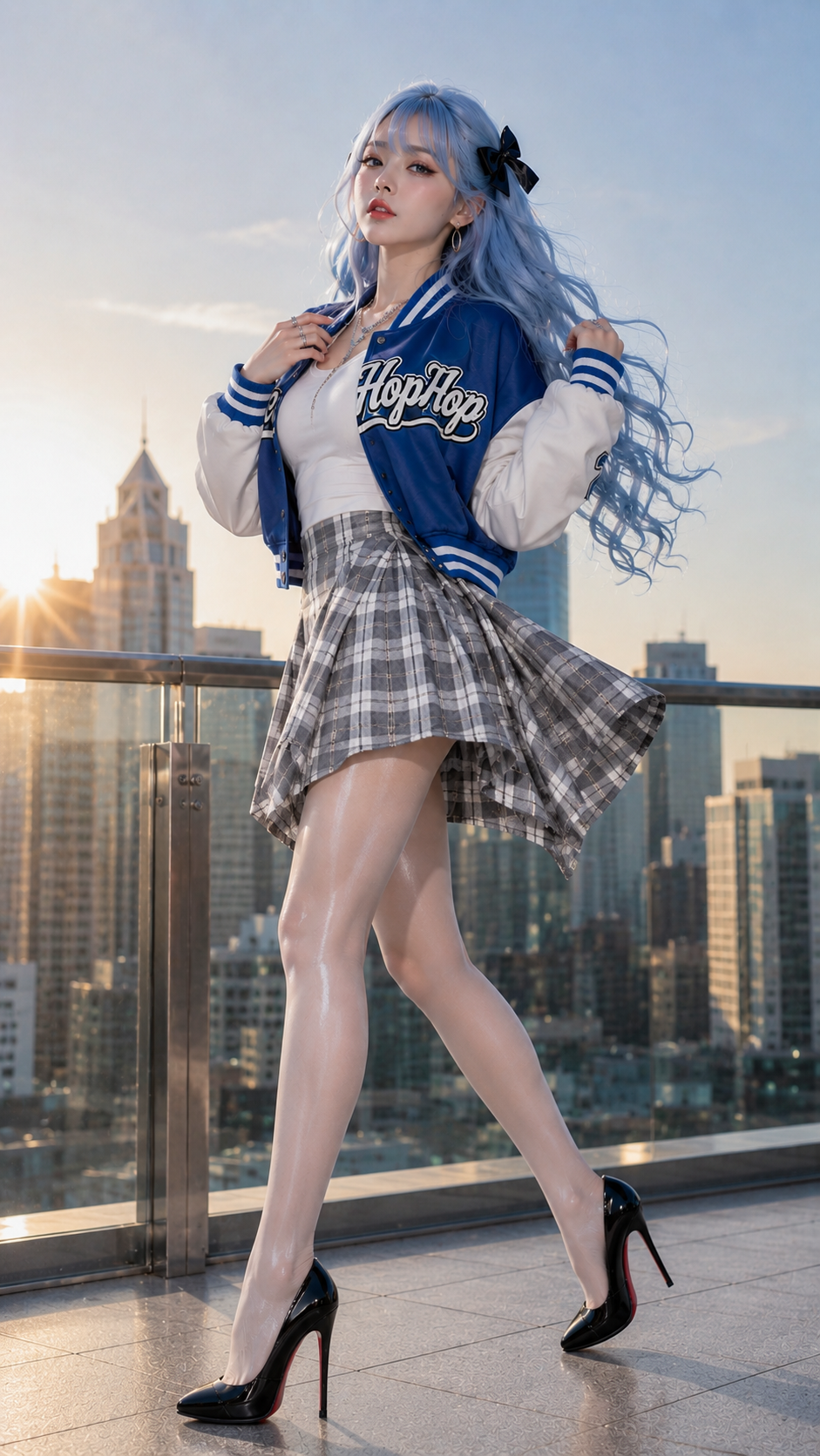 The young East Asian woman is captured mid-step walking along the rooftop terrace. One foot moves forward naturally while the opposite heel lifts slightly from the ground. Her body is angled three-quarters toward the camera, creating elegant movement in her skirt and hair. One hand gently adjusts her varsity jacket collar while the other lightly brushes through her long blue curls. Her posture is upright and confident, with elongated legs and a naturally defined waistline. The wind softly lifts the ends of her hair and skirt, creating a premium luxury advertising feel similar to international fashion campaigns. She turns her face slightly toward the camera with a calm, confident expression, while the modern city skyline glows behind her in golden sunlight.