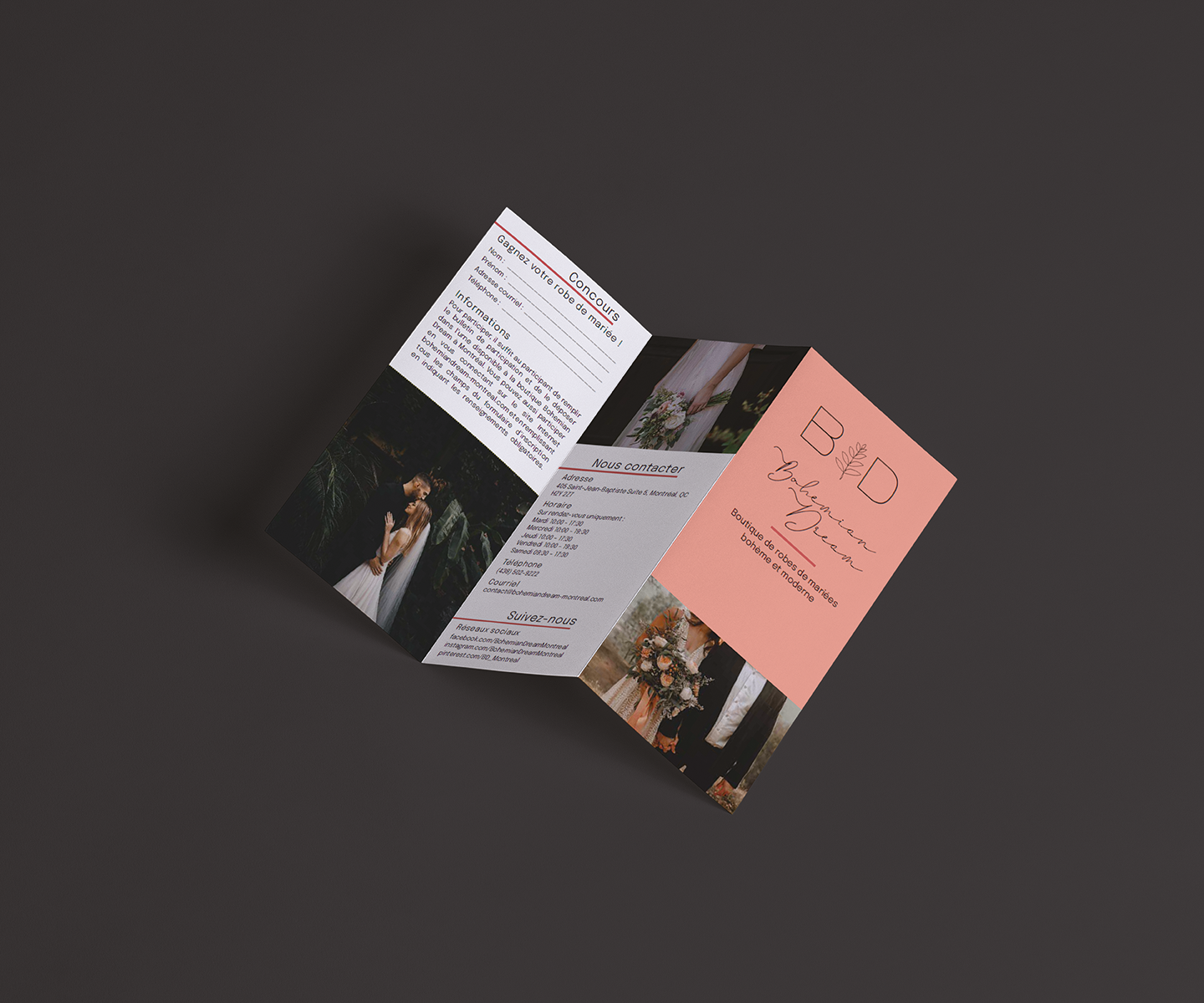 Projet étudiant : Création d’un dépliant promotionnel pour un client fictif. Bohemian Dream, entreprise dans l’industrie du mariage.