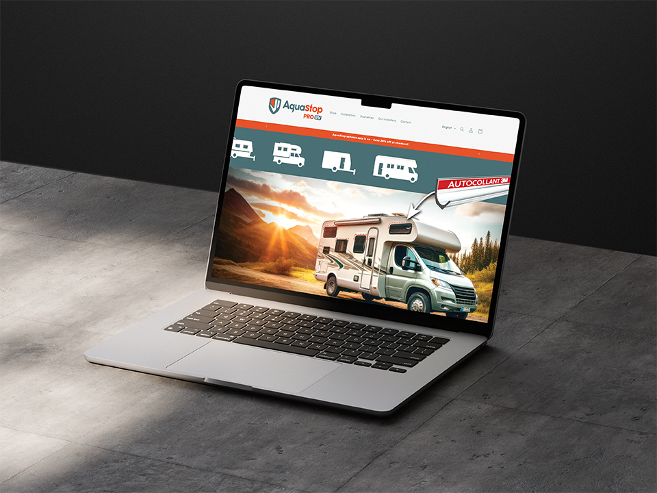Projet réalisé dans le cadre de mon emploi chez Agence Oz. Conception d'un site web Shopify : Aquastop Pro VR
