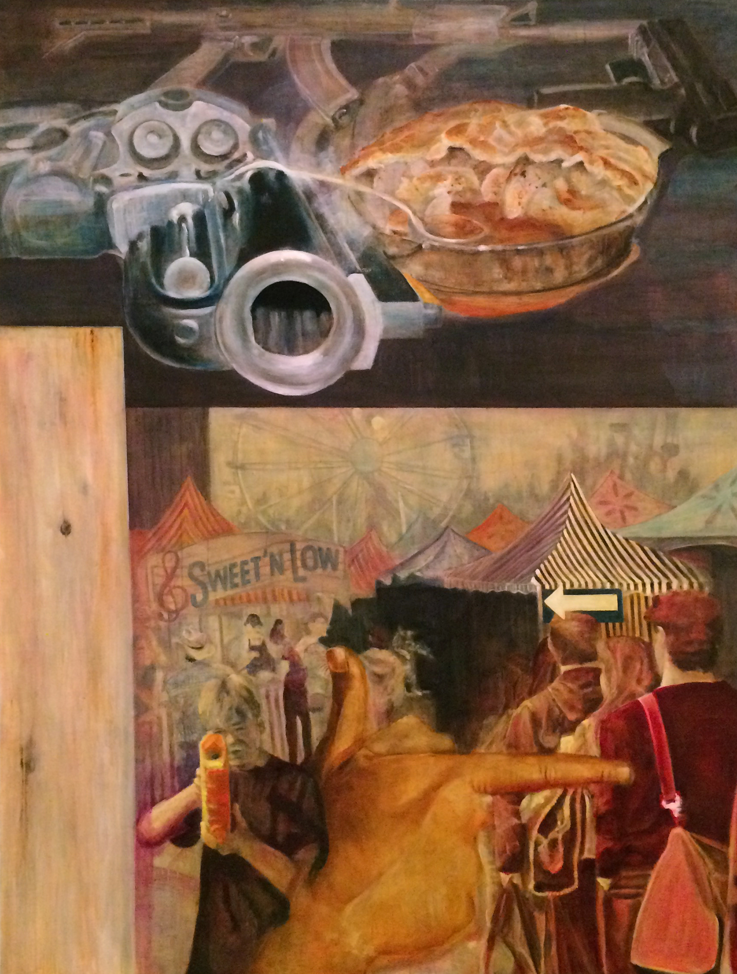 Whats On The Table, and The Carnival Below, 2016, water mixable oil paint and gouache on canvas , 95" x 71”