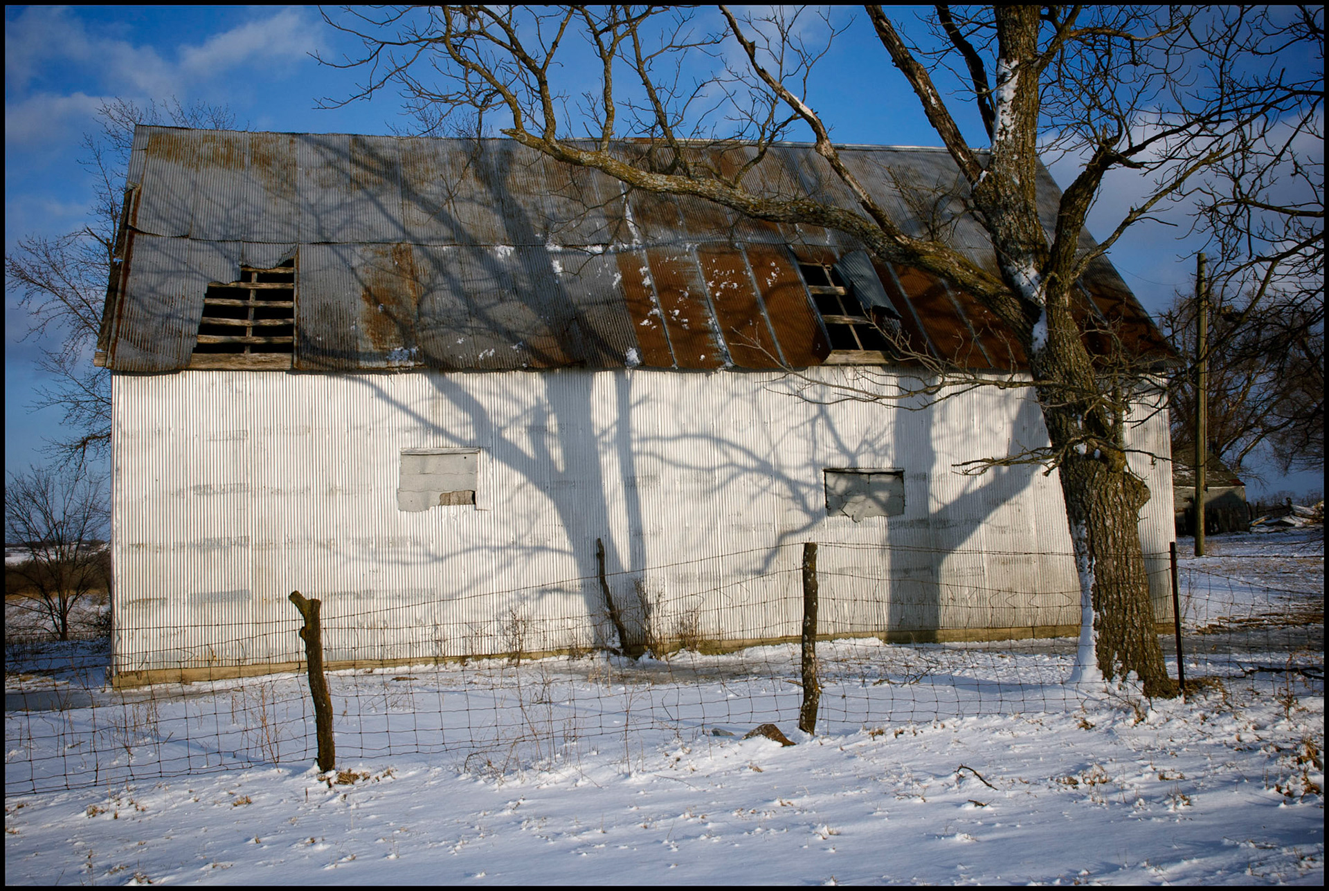 A dilapidated  corrugated metal farm building with interesting shadows cast by the evening winter sun shining on large snow covered trees. Near Loeffler, Missouri USA 2008.