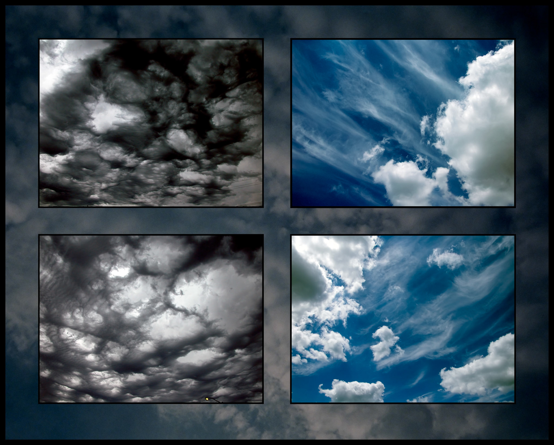 A photo arrangement of two photos of angry sinister looking clouds backlit by the sun  contrasted with two photos of whispy dancing cirrus clouds shooting out diagonally behind stratus clouds contrasted by a dark blue sky.