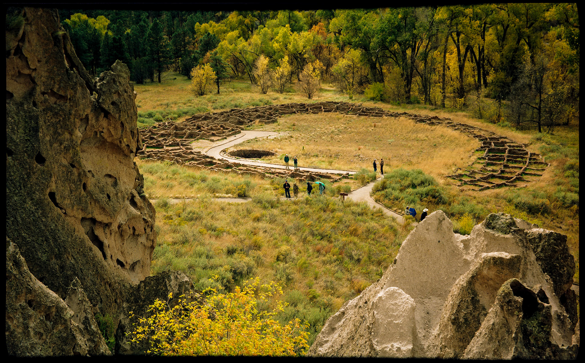 Tyuonyi Pueblo Ruins from Tyuonyi Overlook, Bandalier National Monument near Los Alamos, New Mexico 1993
