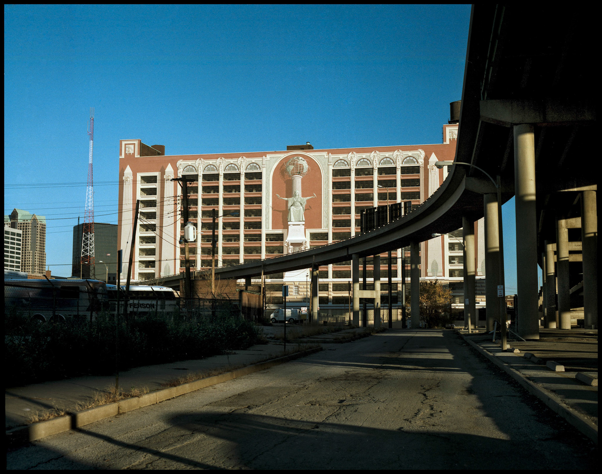 The Red Lion (now Oyo) Hotel from Poplar street in downtown St. Louis, 1988. Part of a series shot one warm afternoon in November, 1988 called An Afternoon in St. Louis (a subset of my Industrial Geometry series).