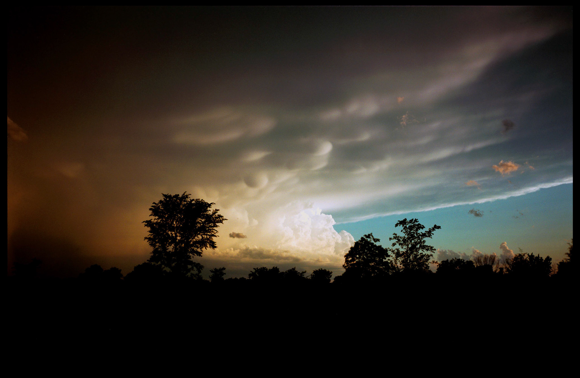 Dramatic turbulent clouds of an approaching storm front brightly lit by the warm light of the setting sun with silhouetted trees in the foreground. My front yard near Renick, Missouri, 1996