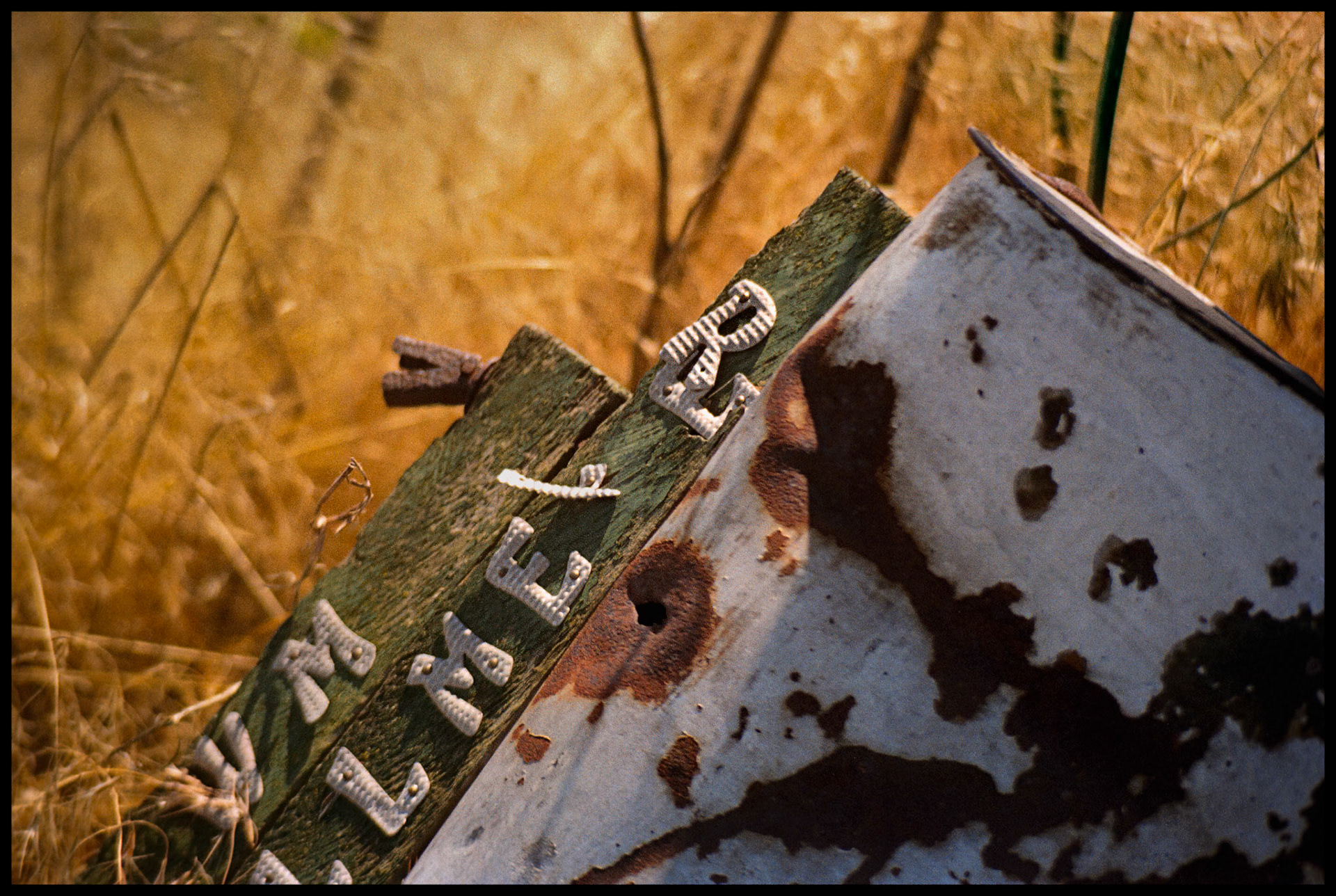 A rusty, fallen, weathered, bullet-ridden mail box in the weeds next to an abandoned house, revealing evidence of the lives lived on this spot. Mid Missouri, 1991.